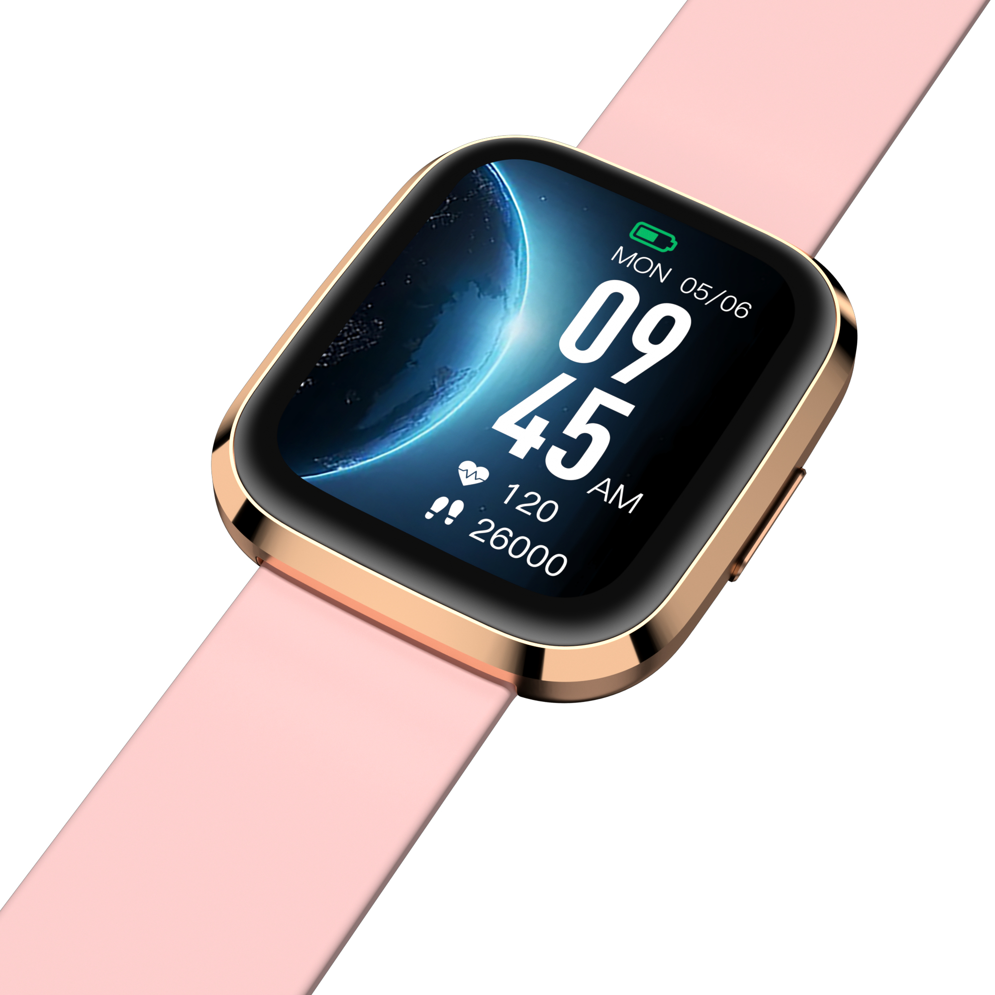 Nahaufnahme einer Smartwatch an einem pinkfarbenen Armband, die Zeit- und Gesundheitsmetriken auf dem Bildschirm zeigt.