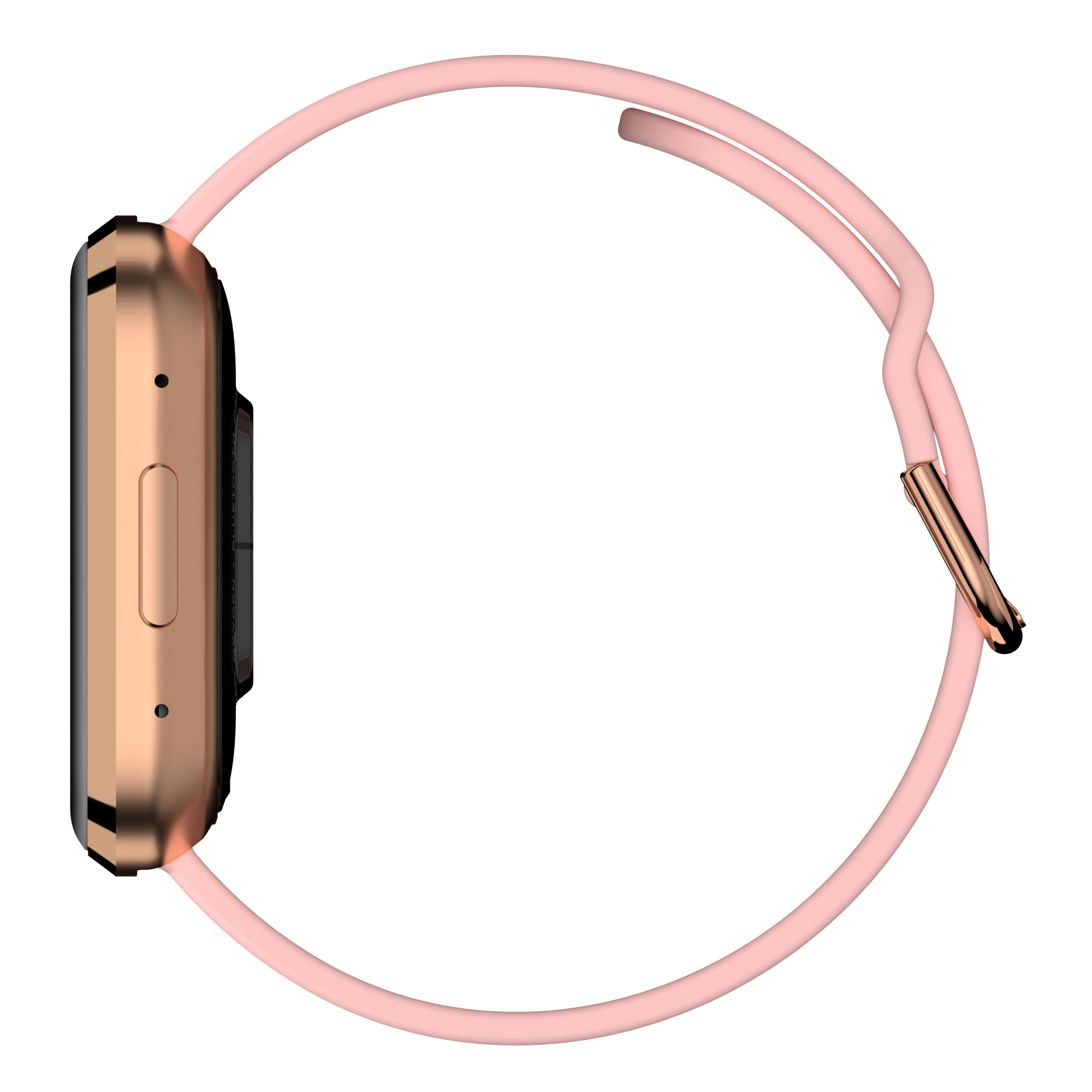 Eine rosa Smartwatch mit roségoldenem Gehäuse wird im Profil gezeigt und zeigt die Seitentaste und das Armbanddetail.