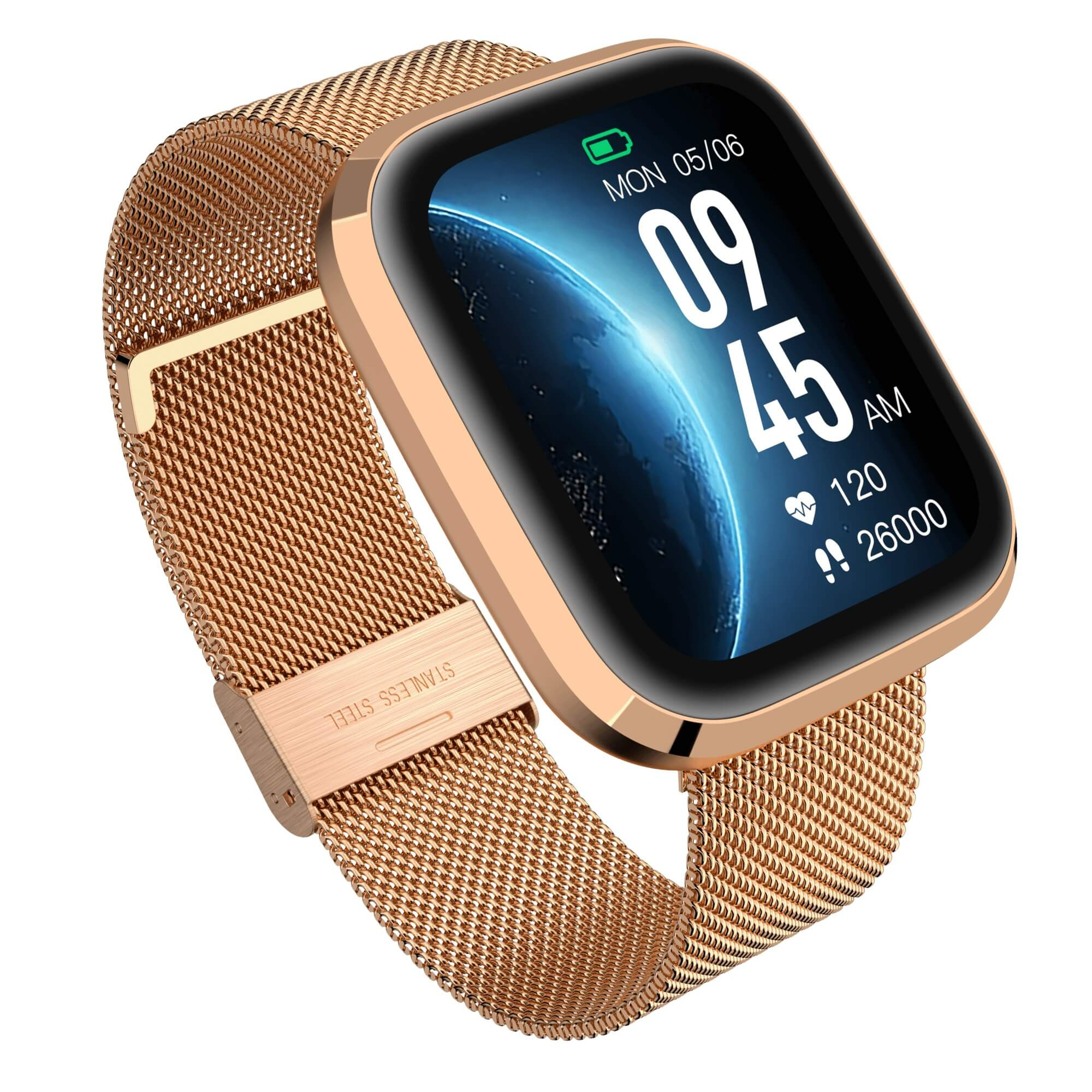 Nahaufnahme einer goldenen Smartwatch mit goldenem Mesh-Armband, die Zeit- und Gesundheitsmetriken zeigt.