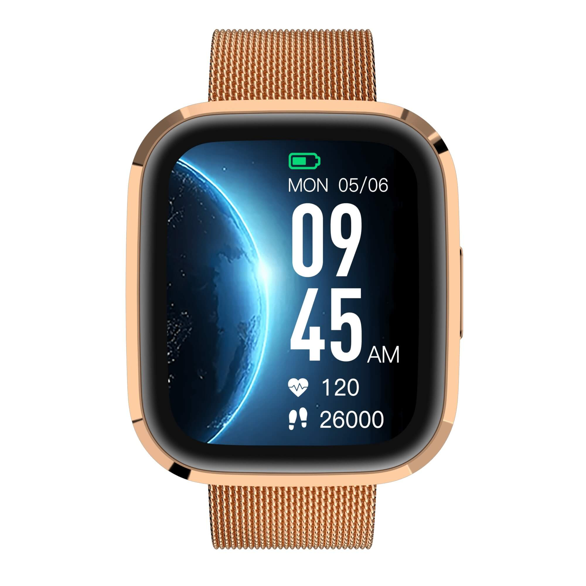 Nahaufnahme einer goldenen Smartwatch mit goldenem Mesh-Armband, die Zeit- und Gesundheitsmetriken zeigt.