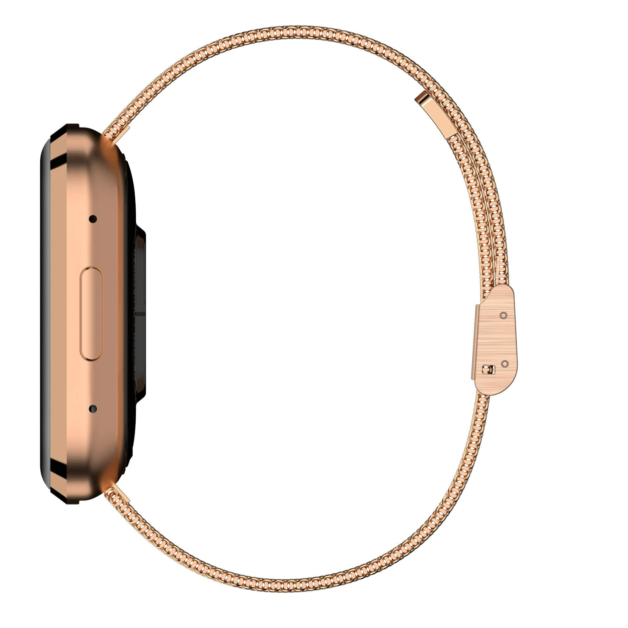 Seitenansicht einer goldenen Smartwatch mit einem goldenen Mesh-Armband und einer goldenen Schließe.