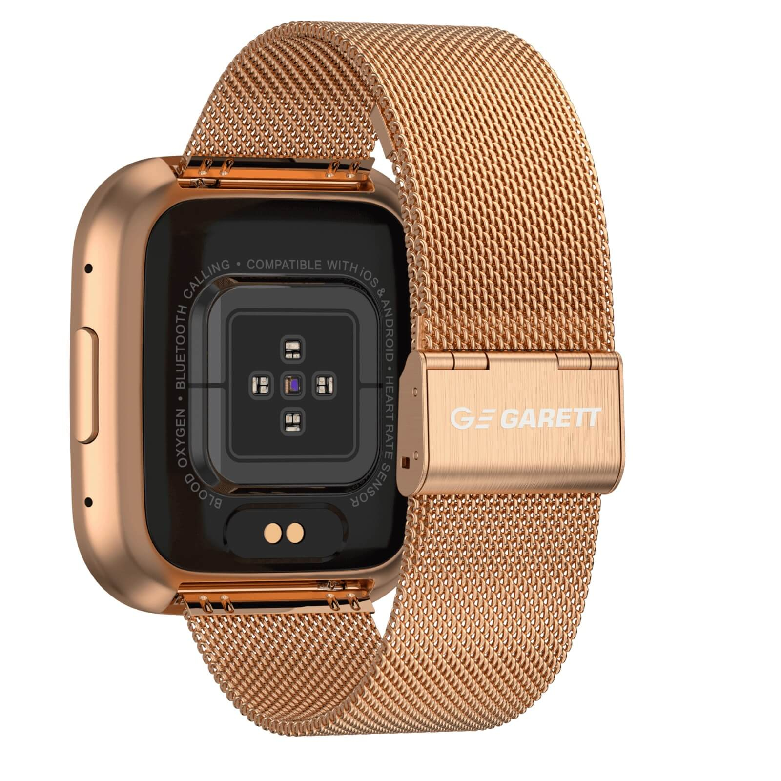 Roségoldene Smartwatch mit Mesh-Armband, Rückseite mit Sensoren und dem Markennamen "GARETT". Die Uhr hat einen quadratischen Bildschirm.