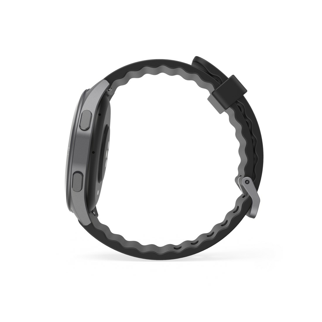 Vue de côté d'une montre connectée grise avec un bracelet noir texturé. Le bracelet a un design ondulé pour le confort.