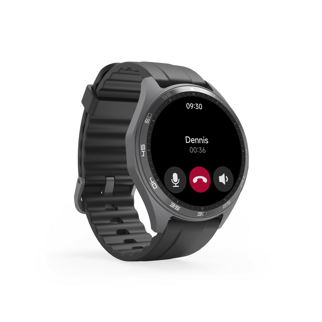 Smartwatch noire avec bracelet noir, affichant un écran d'appel. L'écran affiche "Dennis" et la durée de l'appel. La montre a un microphone.