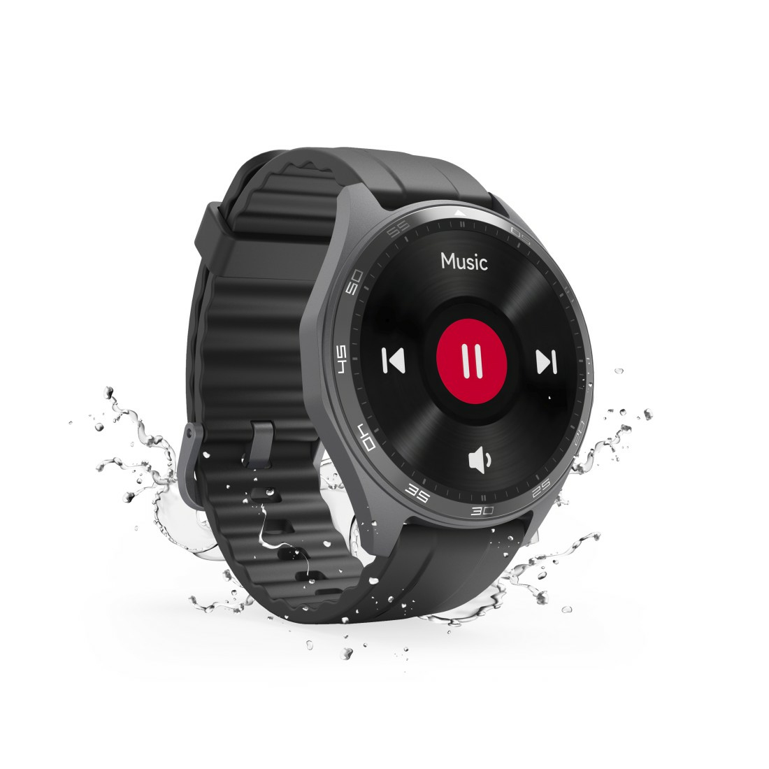 Smartwatch noire avec bracelet noir, affichant une interface de contrôle musical avec un bouton de lecture rouge.
