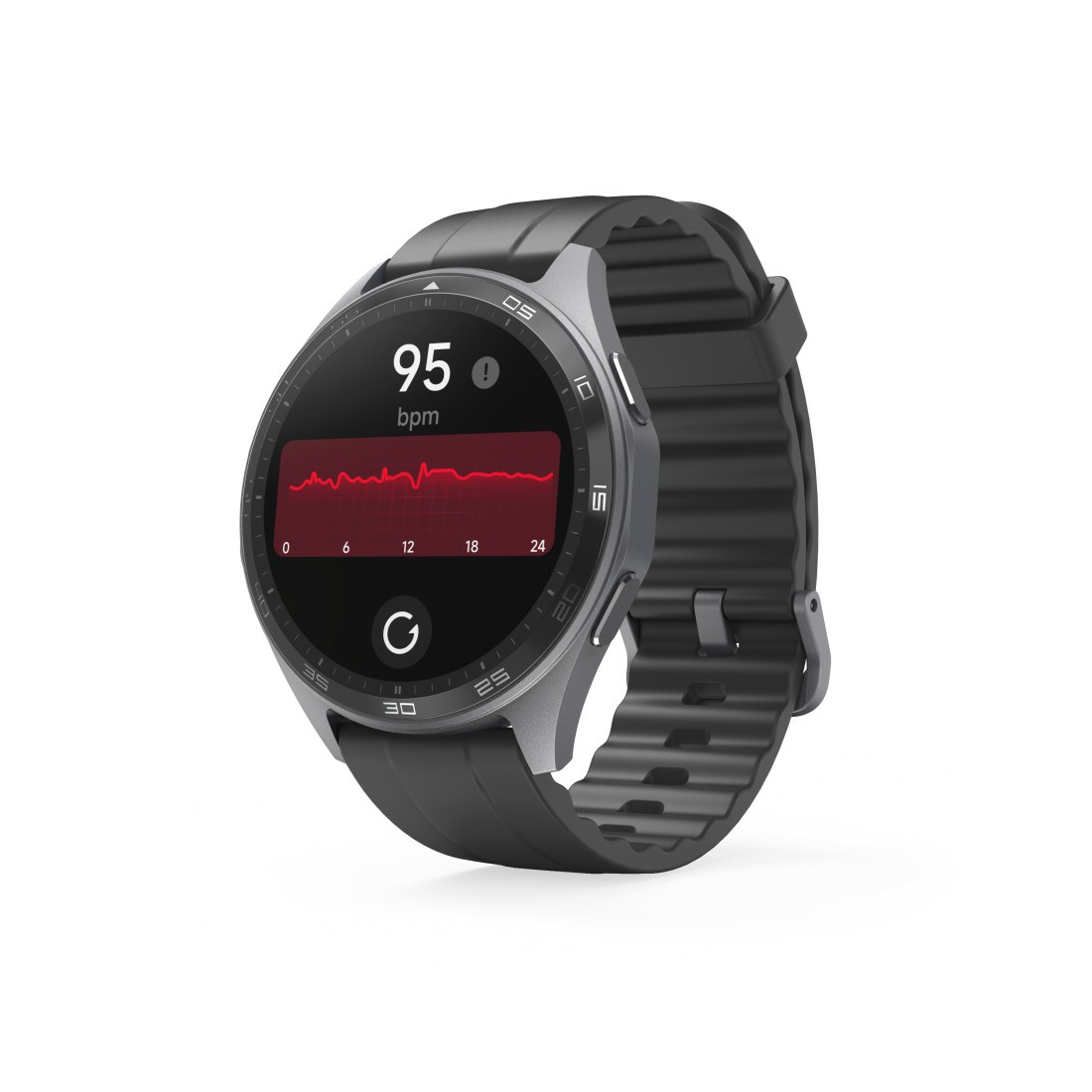 Smartwatch affichant les données de fréquence cardiaque, avec un graphique de forme d'onde rouge et une lecture bpm.