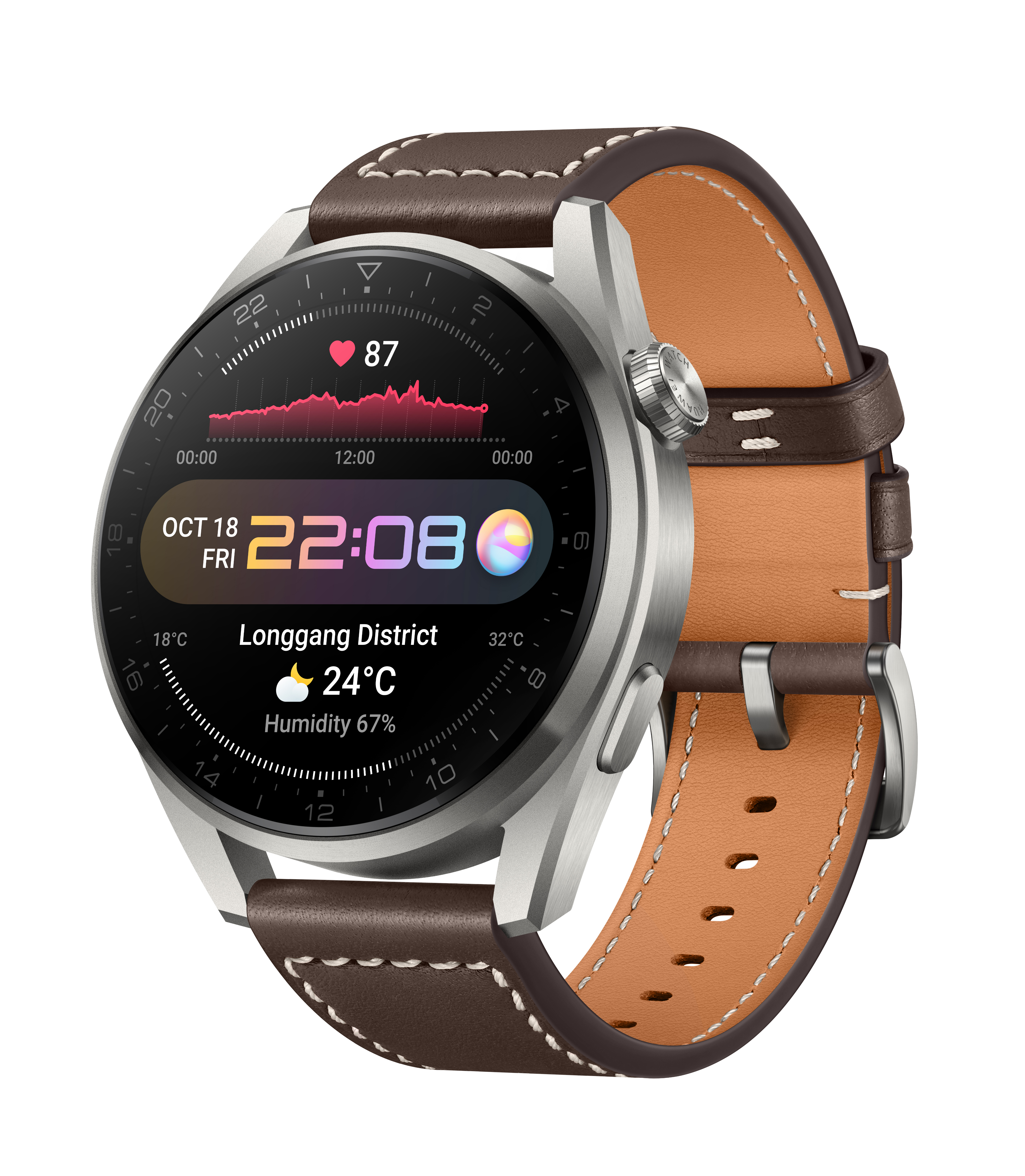 Smartwatch mit braunem Lederarmband, rundes Zifferblatt, zeigt Daten, Winkelansicht. Weißer Hintergrund.