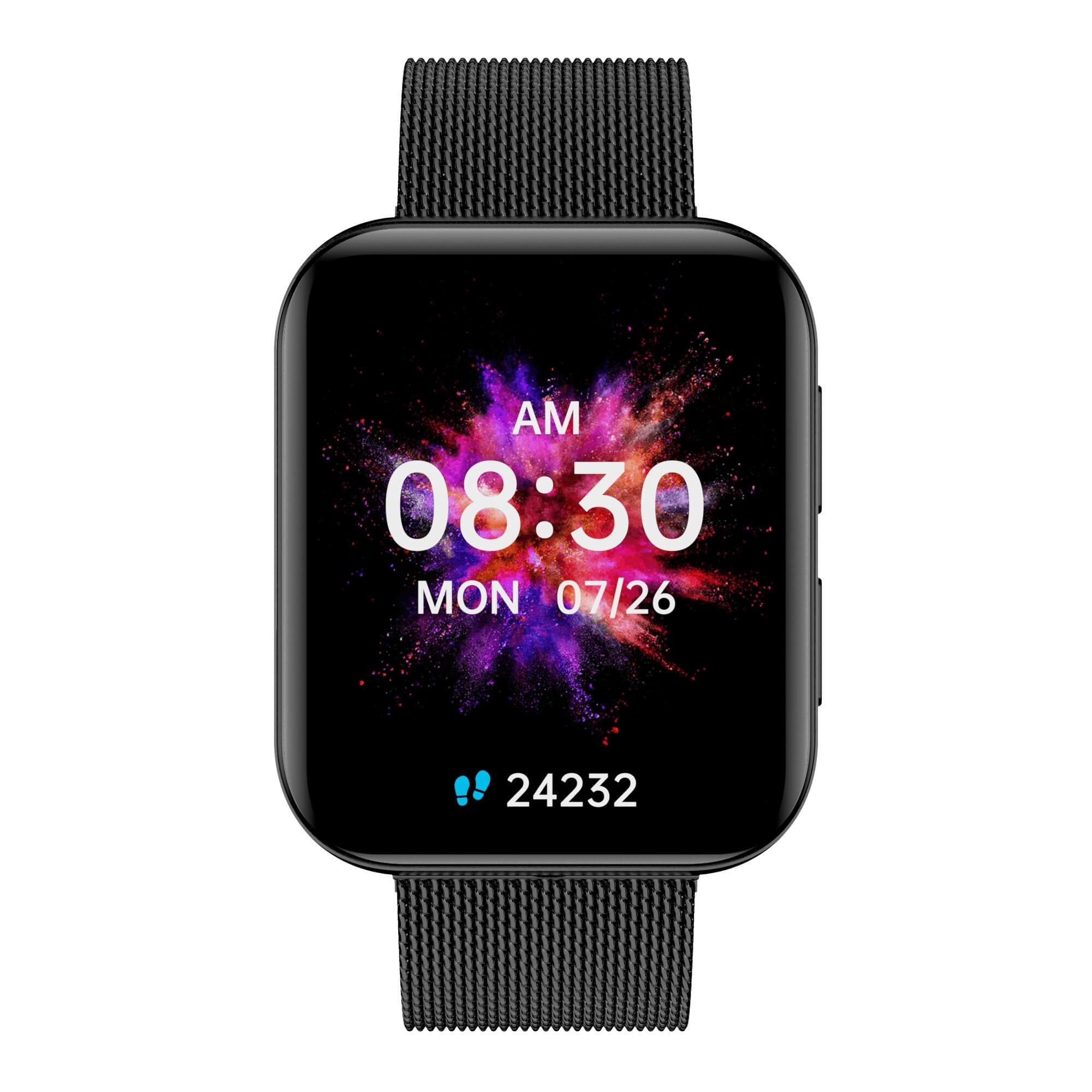 Vorderansicht einer schwarzen Smartwatch mit schwarzem Metallarmband. Anzeige zeigt Zeit und Datum.