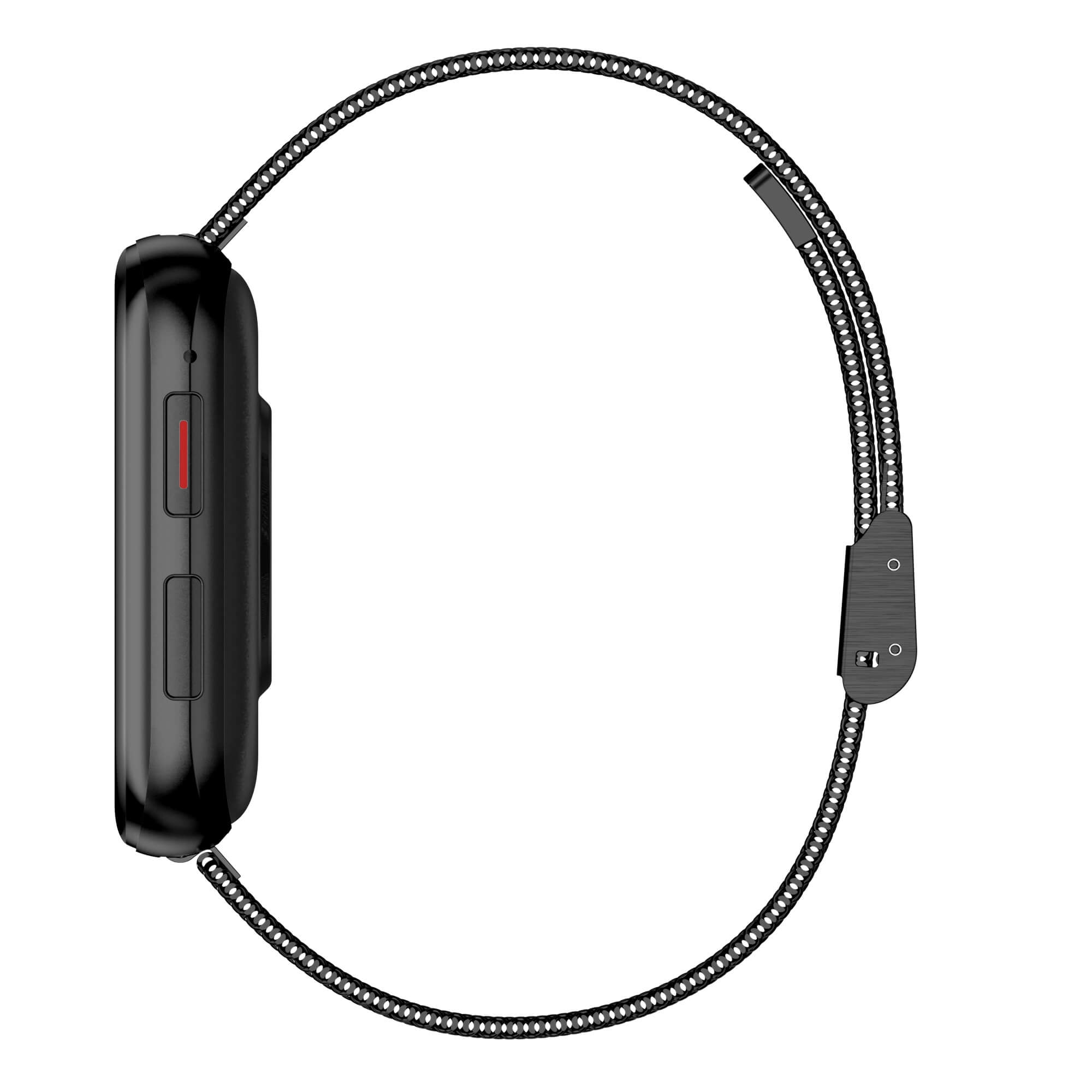 Schwarze Smartwatch-Seitenansicht, Armband verbunden, rote Taste. Schwarzer Hintergrund.