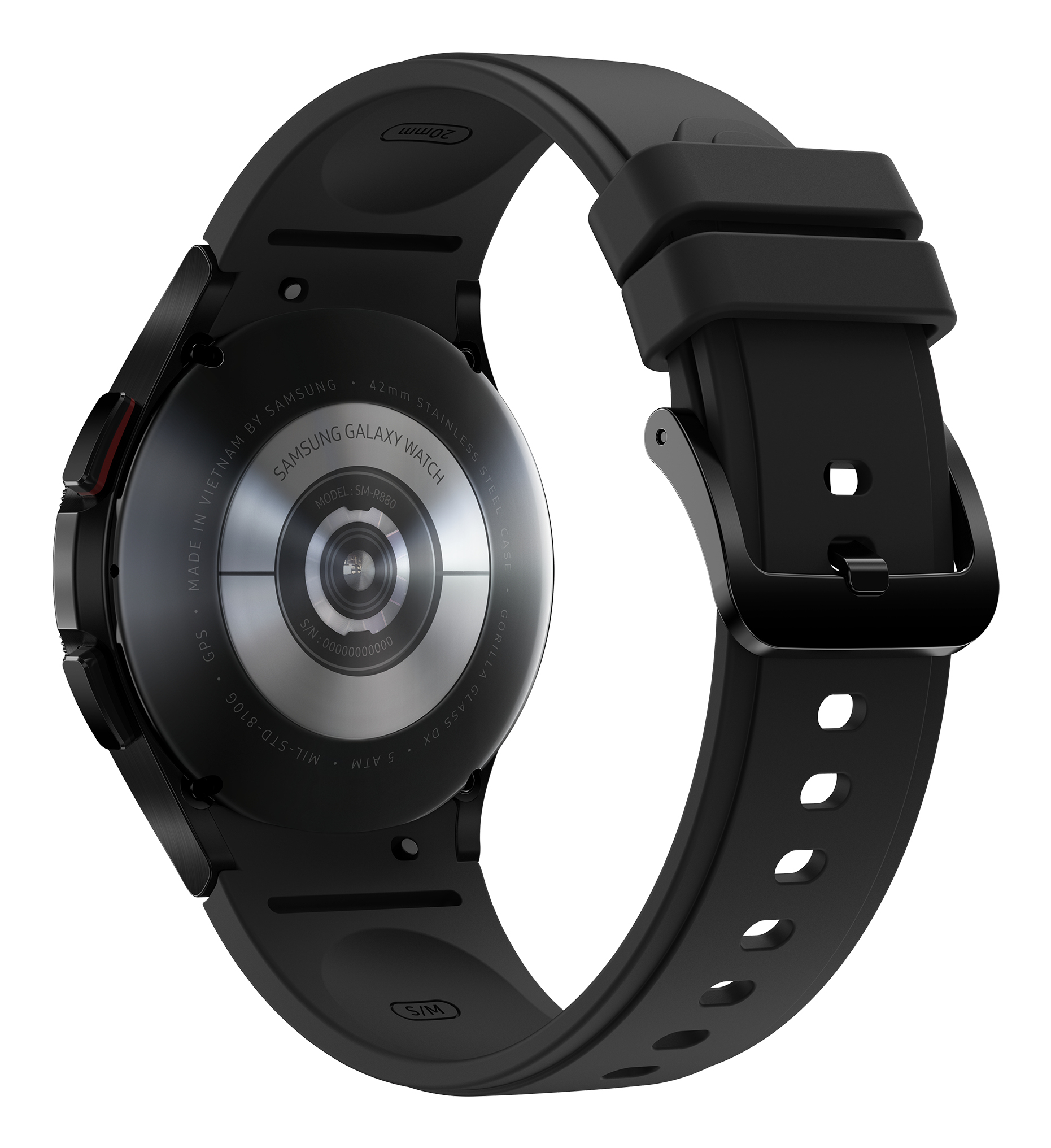Vista posteriore smartwatch nero, cinturino nero, mostra etichette. Sfondo nero.