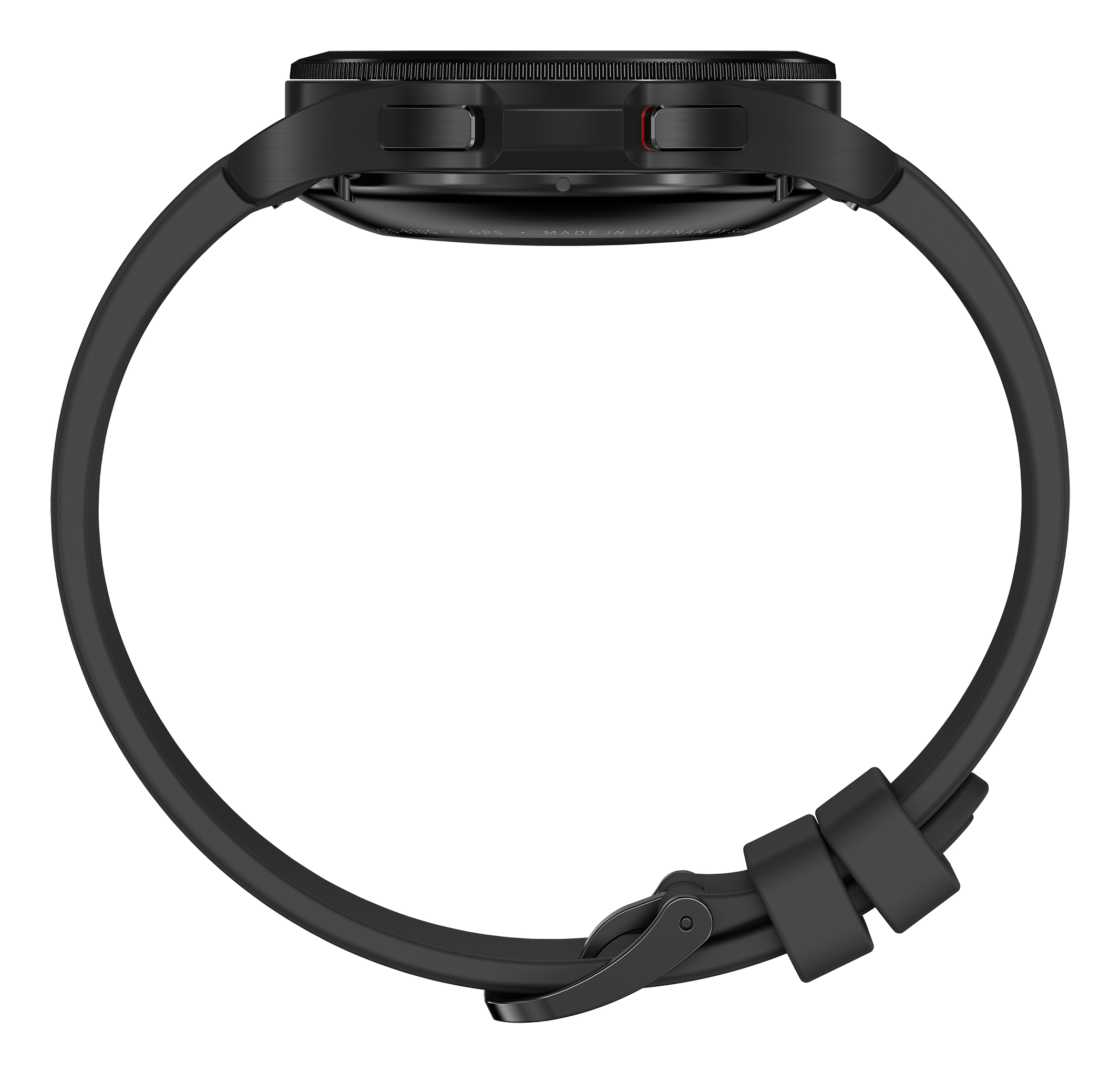 Vista laterale smartwatch nero con cinturino nero. Pulsanti laterali.