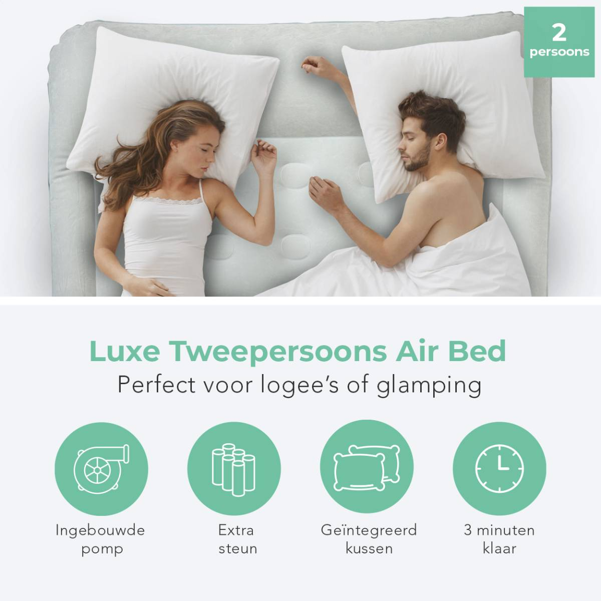 Koppel slapend op een tweepersoons luchtbed. Tekst: Luxe Tweepersoons Air Bed. Iconen.
