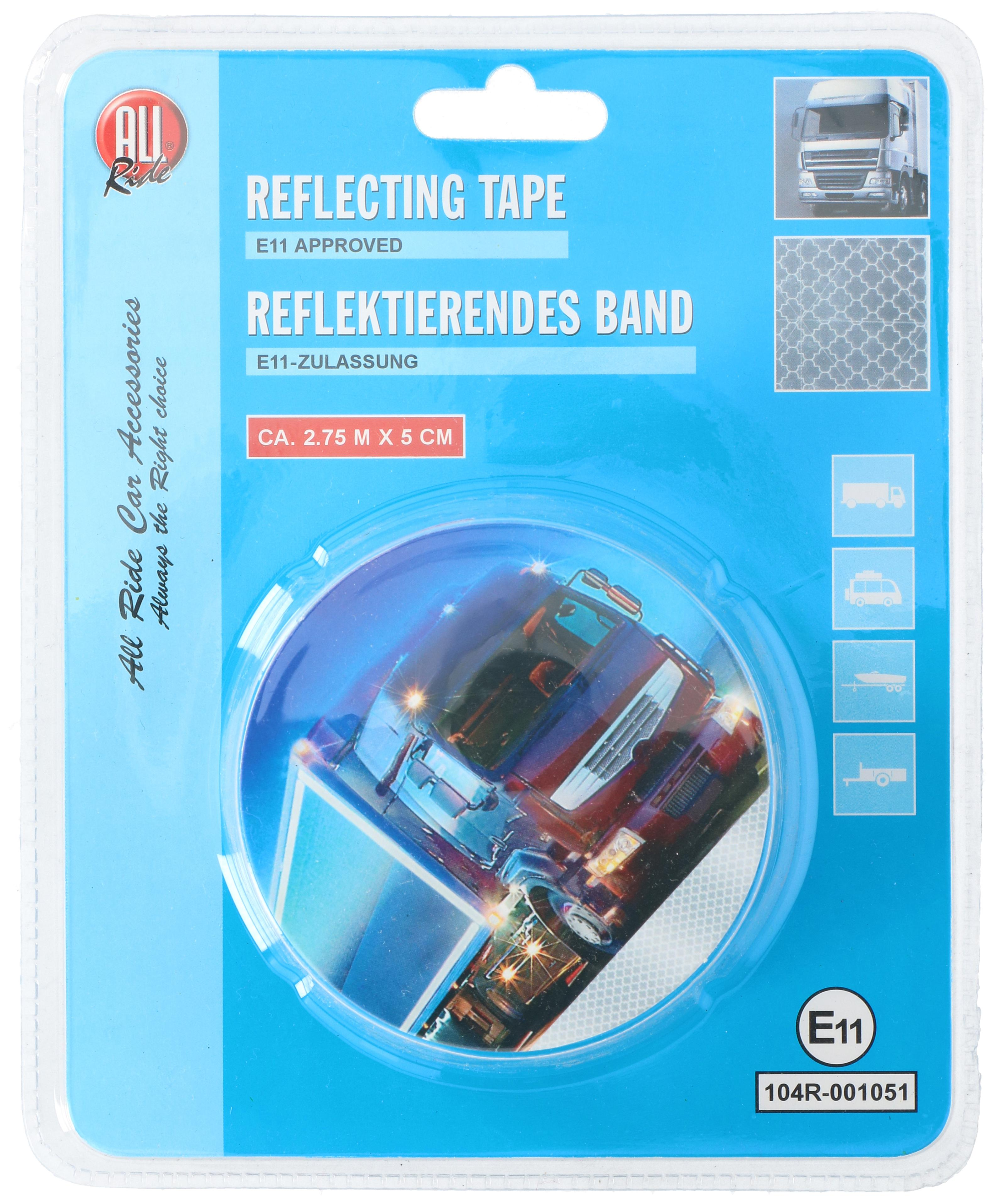 Verpakking van reflecterende tape. Blauwe achtergrond. Bevat reflecterende tape voor voertuigen.