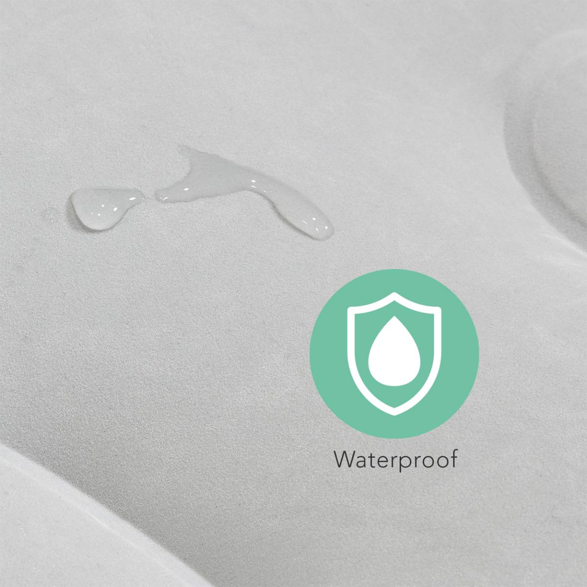 Waterdruppels op een wit luchtbedoppervlak. Waterdicht label. Groene cirkel met een waterdruppel.