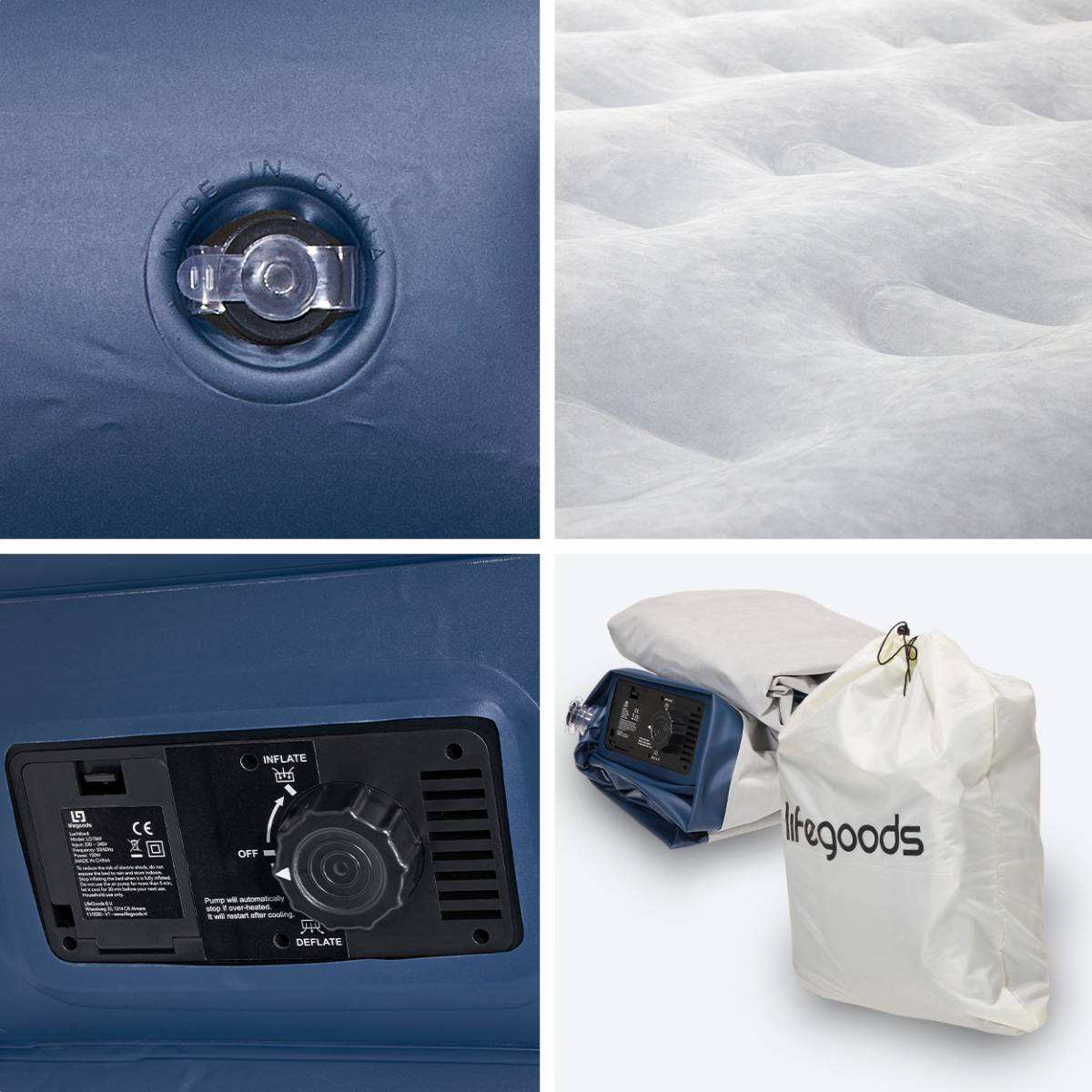 Close-up van een blauw luchtbeddetail, ventiel en bedieningspaneel. Een witte LifeGoods-tas ernaast.
