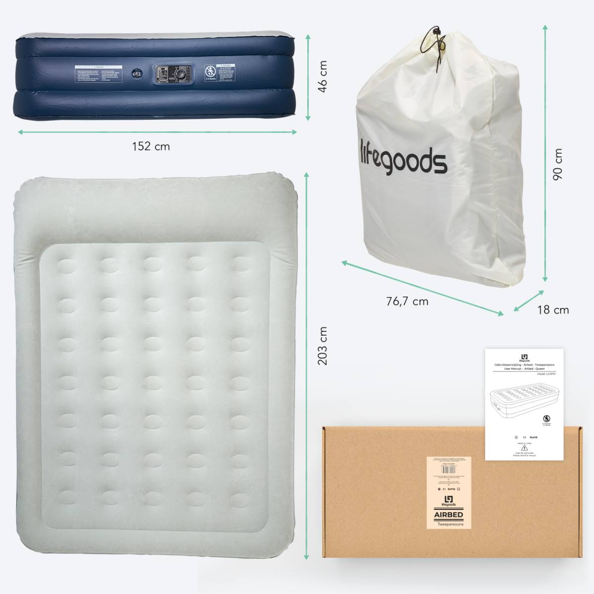 Luchtbed met afmetingen en een witte LifeGoods tas met metingen. Kartonnen doos zichtbaar.