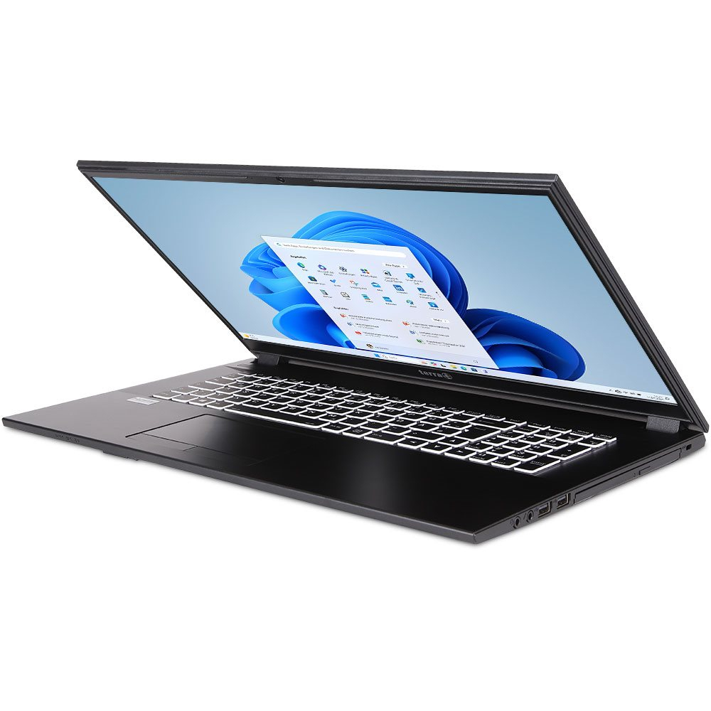 Czarny laptop, otwarty, z ikonami Windows. Biała klawiatura, czarna ramka.