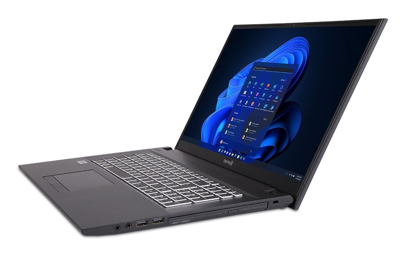 Widok z boku czarnego laptopa. Otwarty, wyświetlający ekran Windows 11. Białe tło.