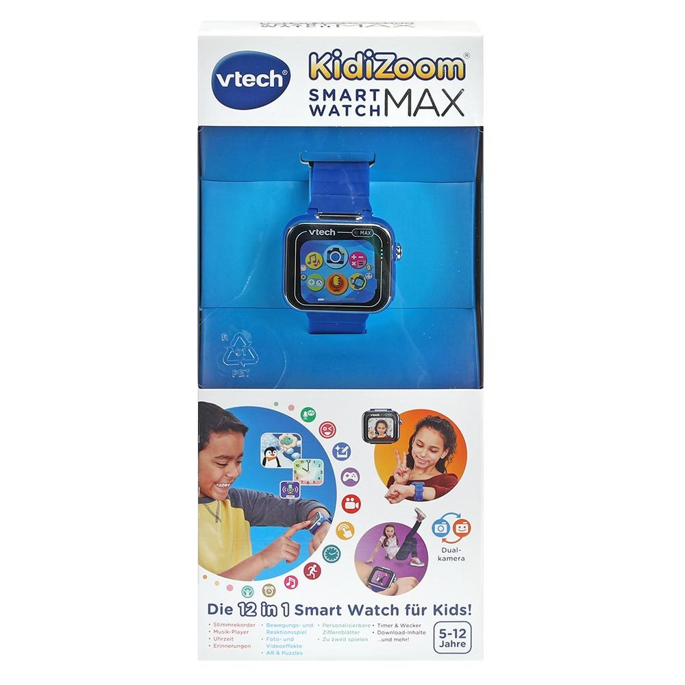 Scatola smartwatch VTech Kidizoom. Orologio blu in alto, immagini di bambini che lo usano in basso. Testo: 12 in 1 Smart Watch per bambini!
