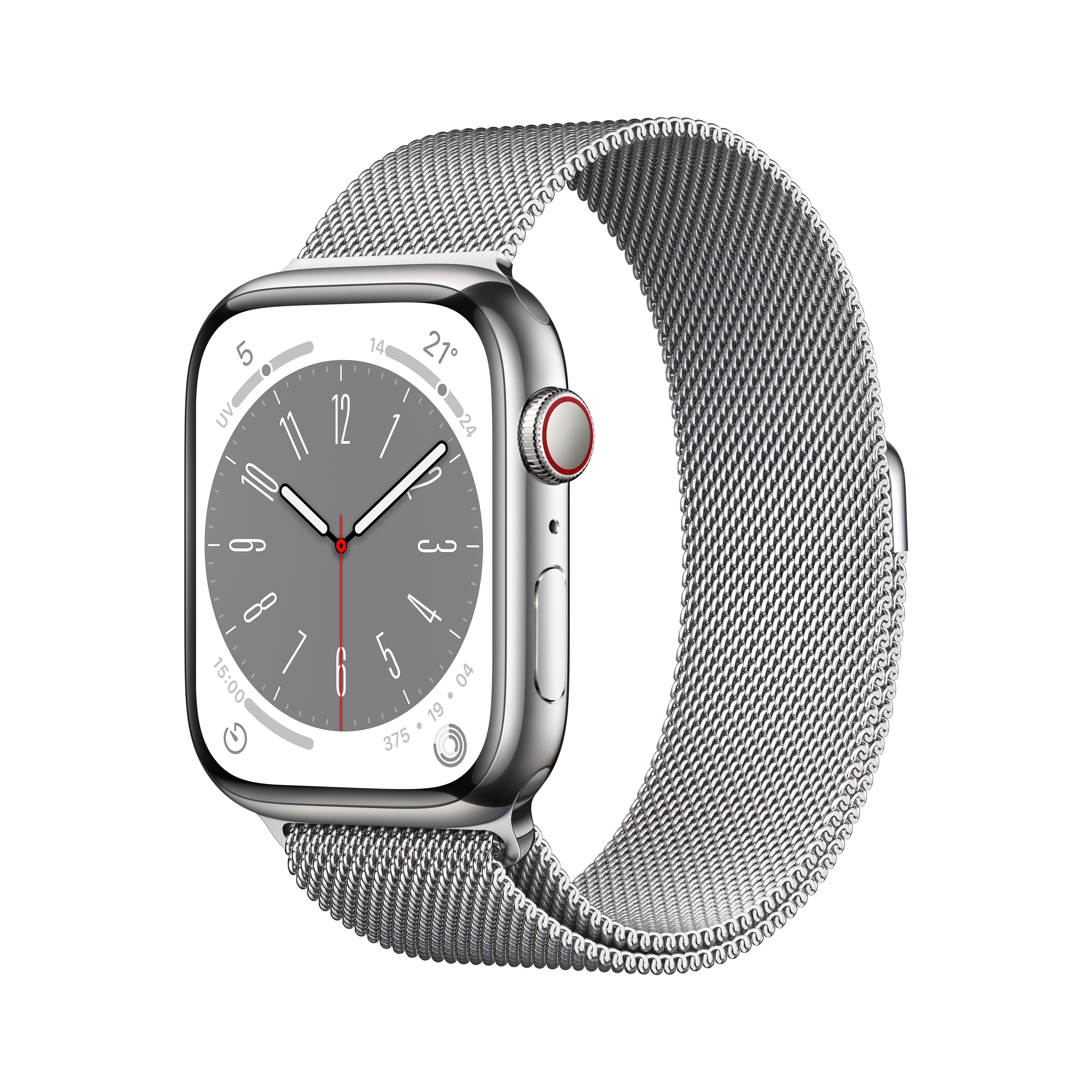 Silberne Apple Watch auf weißem Hintergrund. Die Uhr hat ein silbernes Armband und ein graues Zifferblatt.