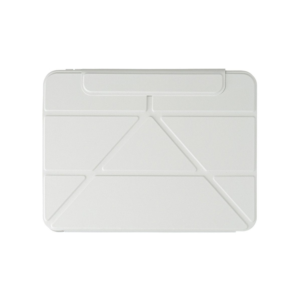Una cover per tablet bianca, piatta, con disegni geometrici sul lato anteriore. È rettangolare.