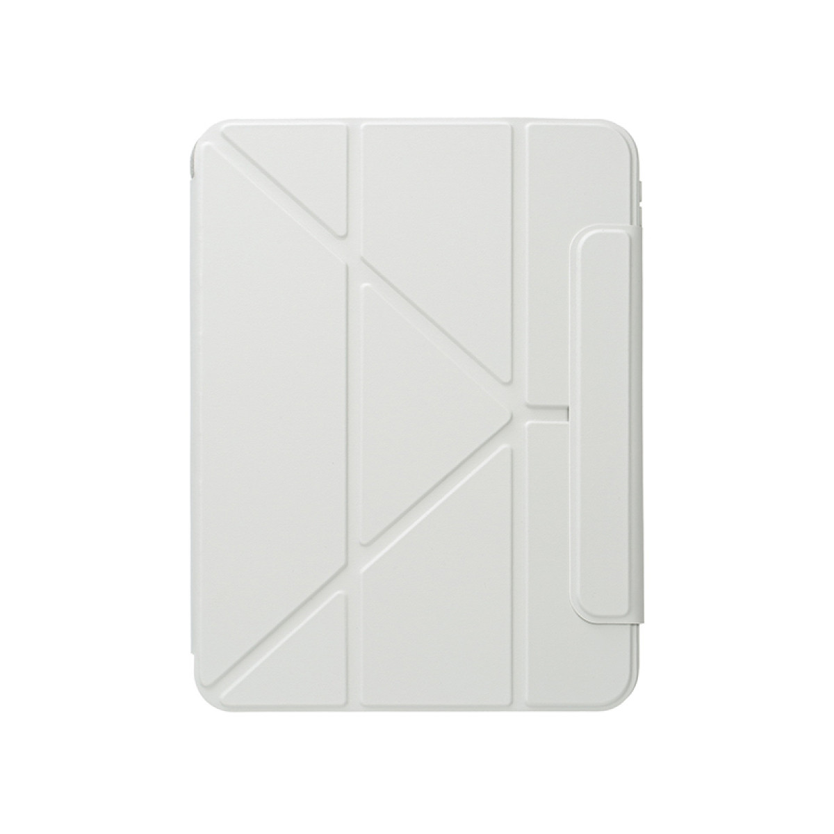 Una custodia per tablet bianca con un motivo geometrico, isolata su sfondo bianco.