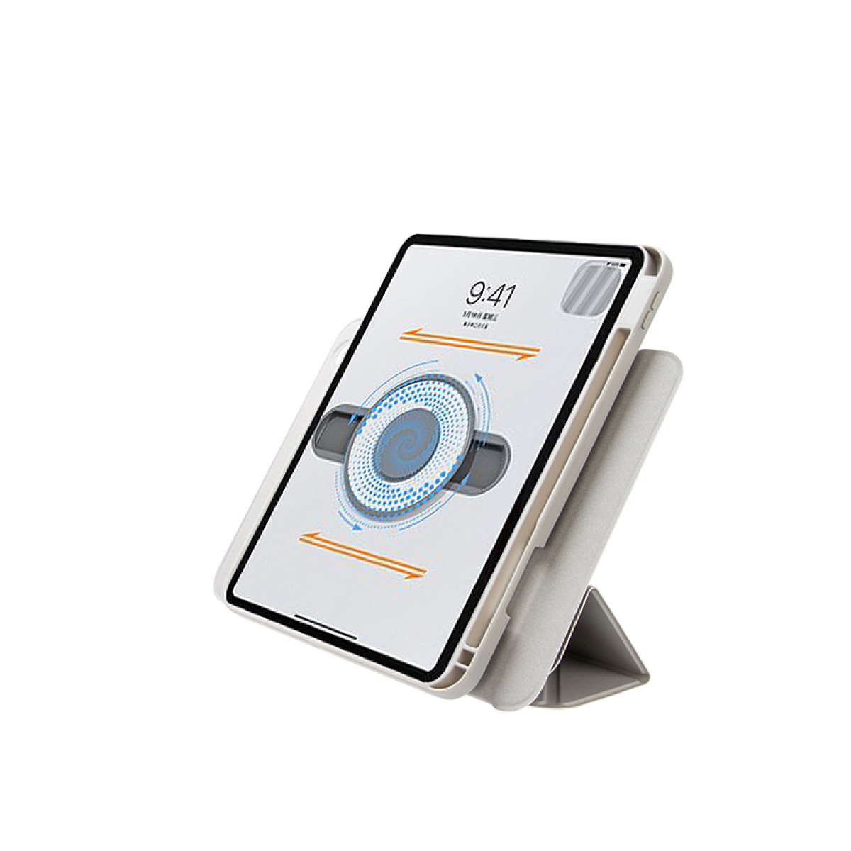 Un iPad in una custodia bianca è appoggiato su un supporto. Un disegno circolare blu è sullo schermo.