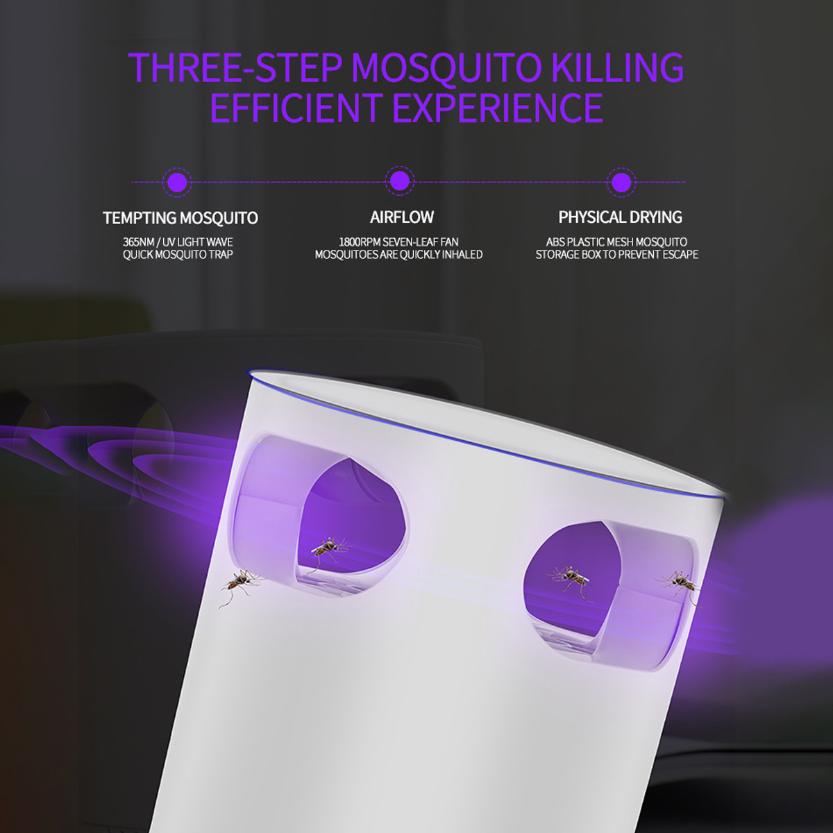 Weiße Moskitofalle. Text: "THREE-STEP MOSQUITO KILLING". Bilder von Moskitos und Text.
