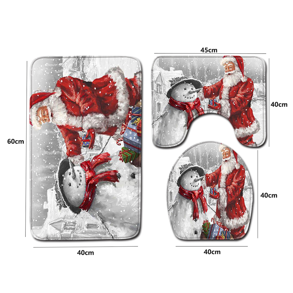Dreiteiliges Badezimmer-Set zum Thema Weihnachten. Weihnachtsmann- und Schneemann-Design, mit Maßen.