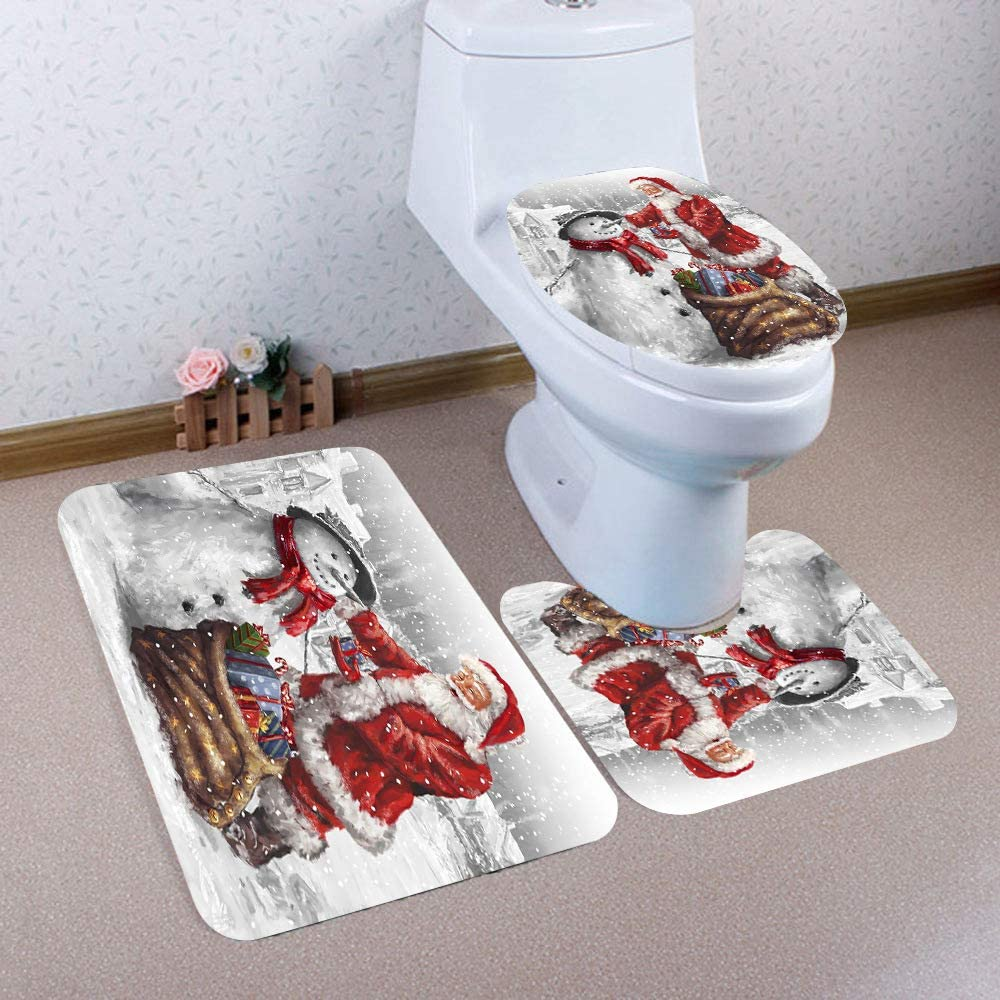 Ein Badezimmer-Set mit Toilette, Matte und Toilettensitzbezug, alles mit weihnachtlichen Motiven.