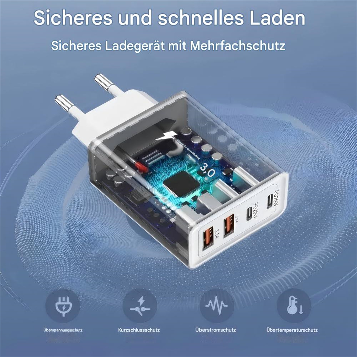 Weißes und transparentes Ladegerät mit drei USB-Anschlüssen. Text: "Sicheres und schnelles Laden".
