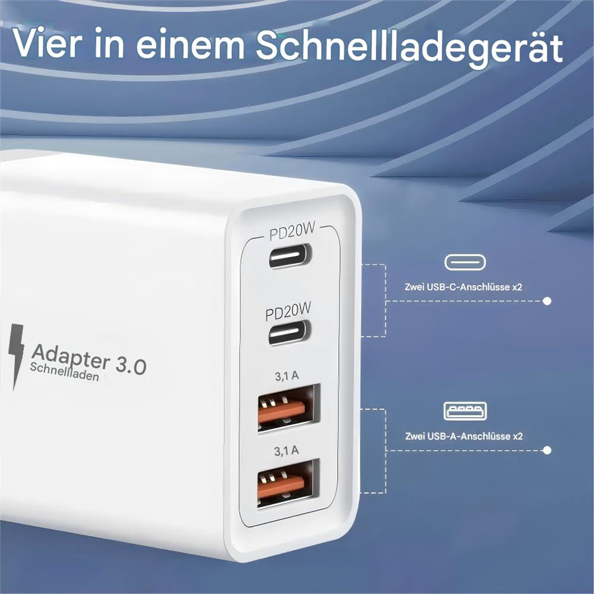 Weißes USB-Ladegerät mit mehreren Anschlüssen und Text. Es hat 2 USB-C- und 2 USB-A-Anschlüsse.