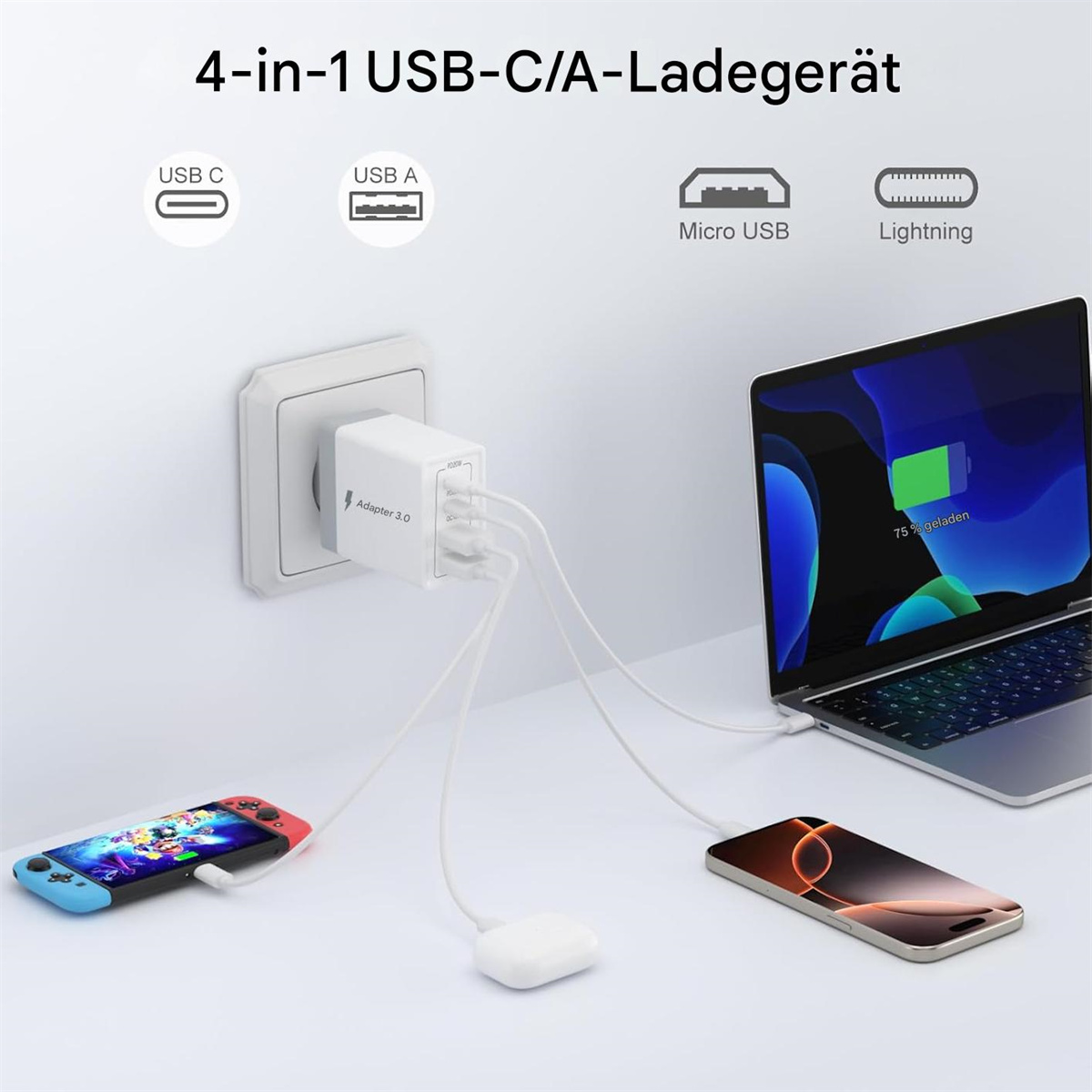 USB-Ladegerät mit mehreren Anschlüssen. Ein Laptop, ein Telefon und eine Spielkonsole sind angeschlossen.