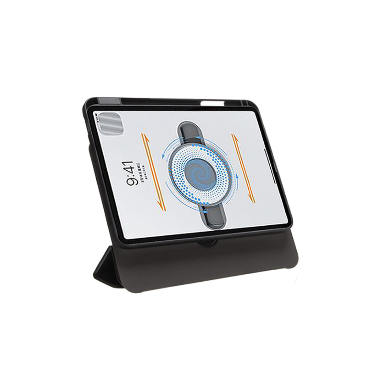 Tablet su un supporto, che mostra uno schermo con interfaccia dell'app.