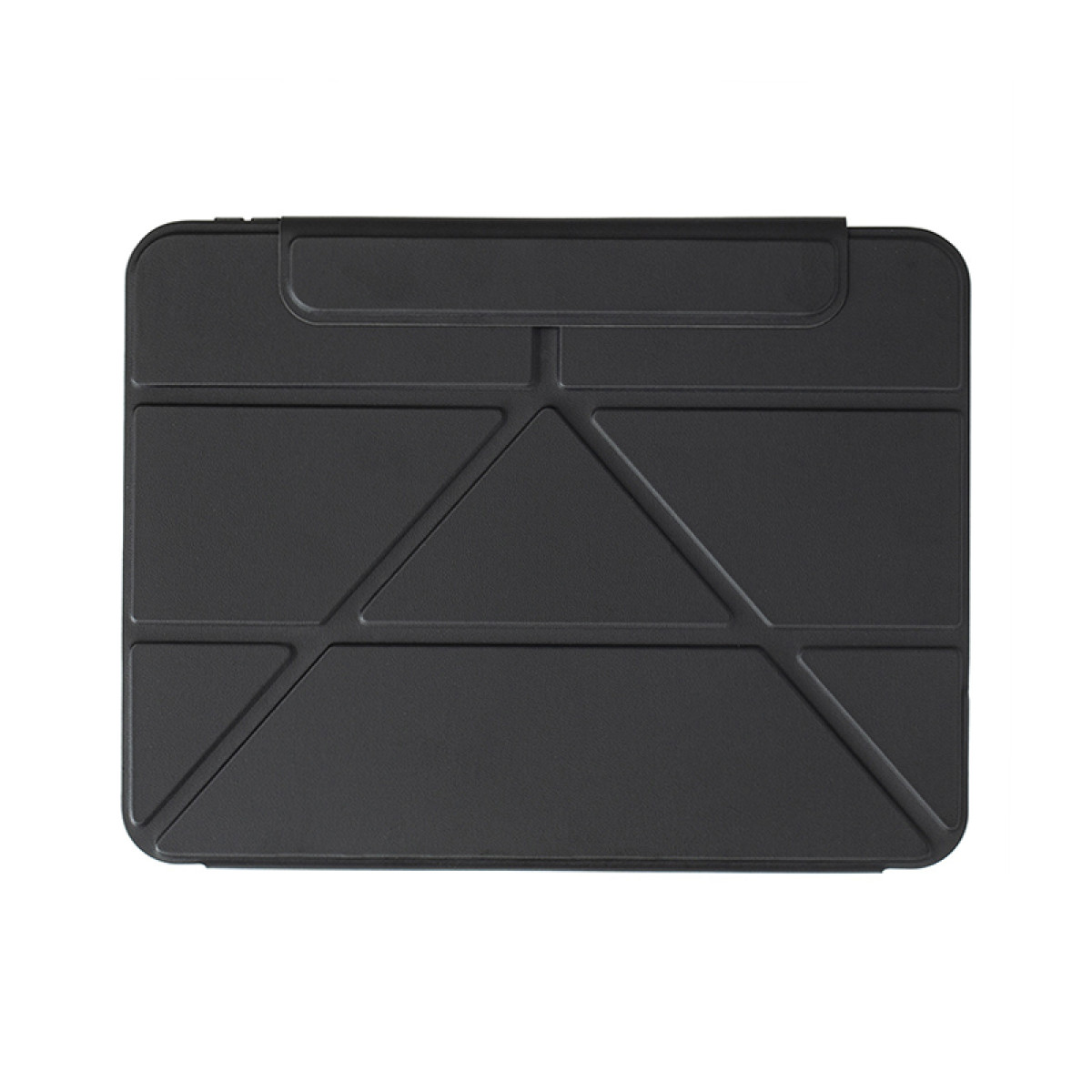 Custodia per tablet nera chiusa con un design geometrico sul davanti.