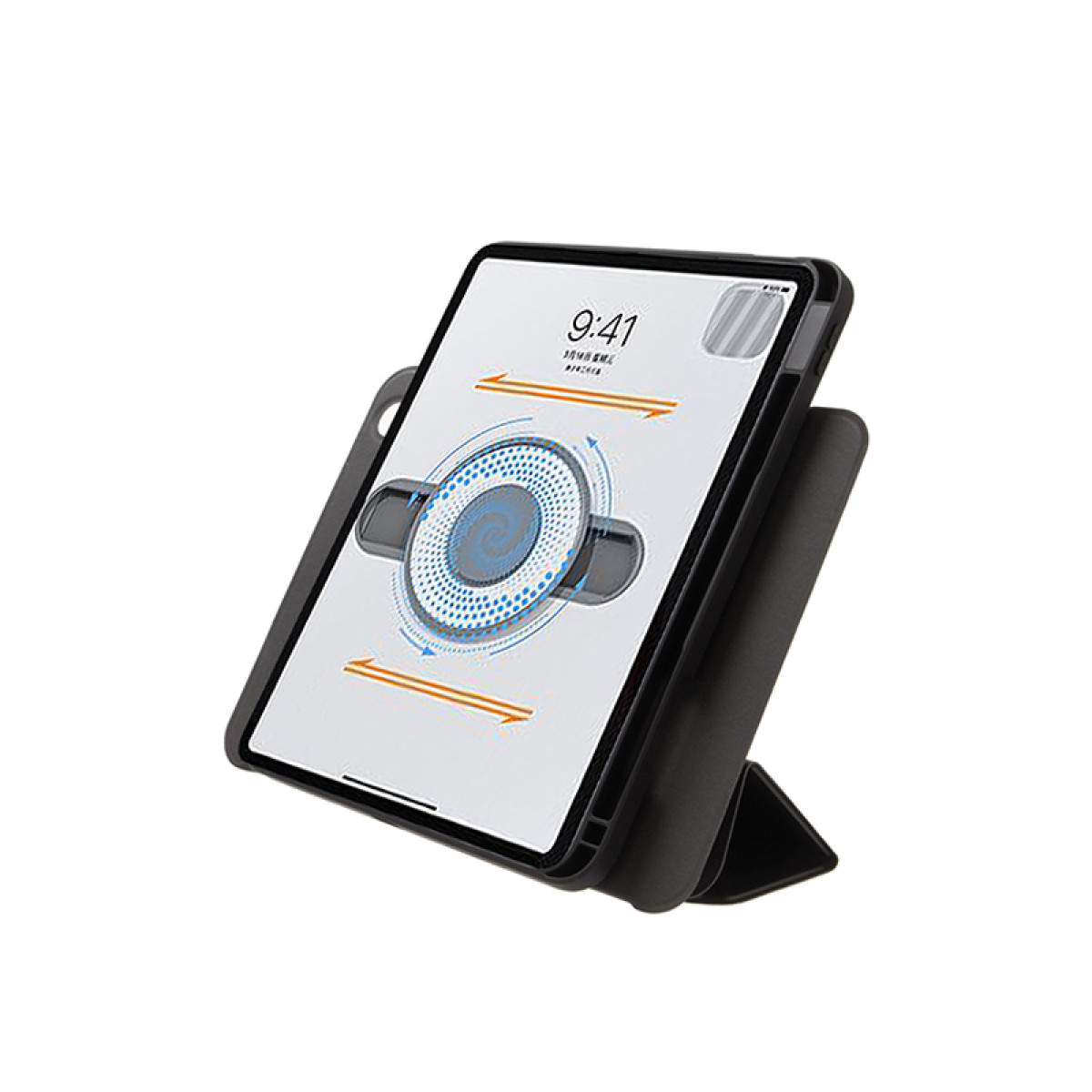 Tablet nero in una custodia, angolato su un supporto. Lo schermo mostra un diagramma circolare.