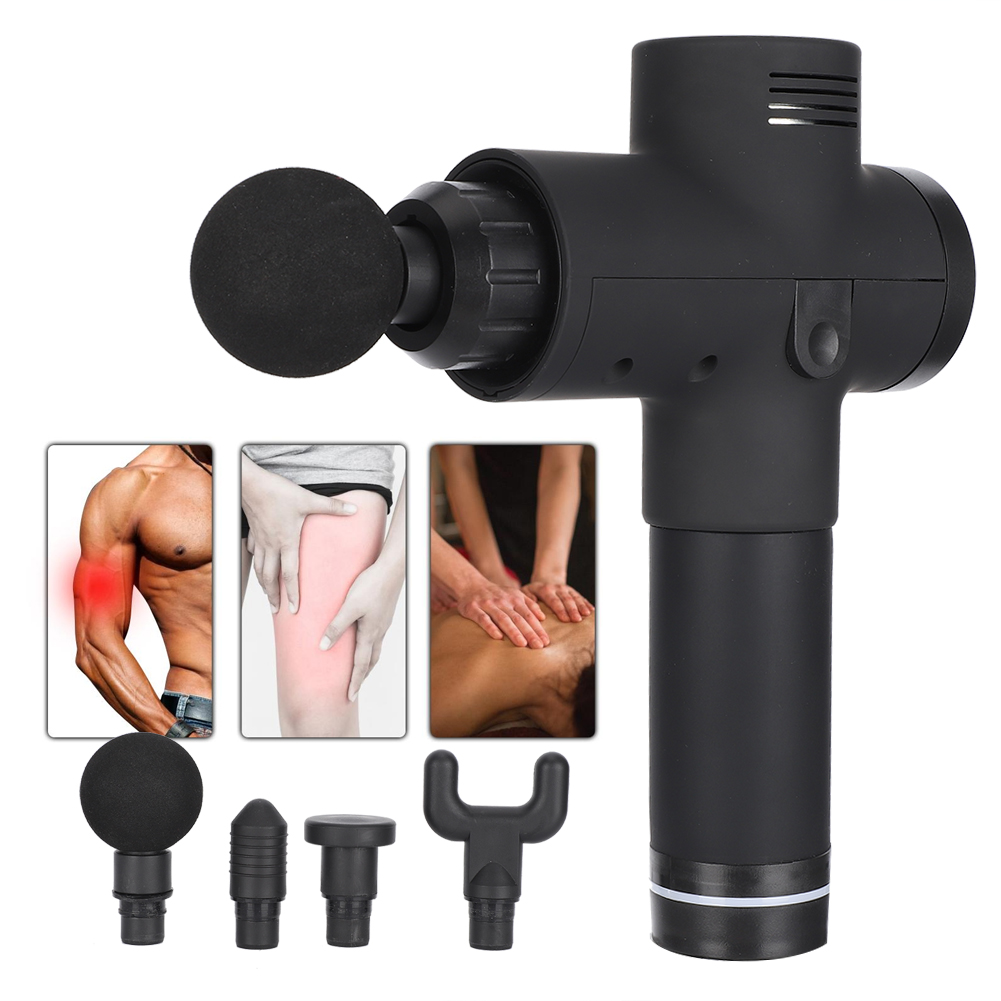 Schwarze Massagepistole mit mehreren Aufsätzen und Bildern, die Schmerzlinderung zeigen.