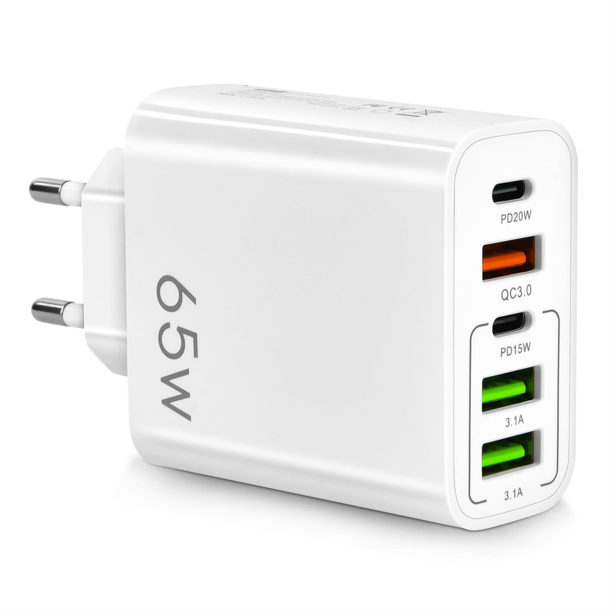 Weißes Ladegerät mit mehreren Anschlüssen, beschriftet mit 65W. USB-Anschlüsse mit Leistungsausgängen.