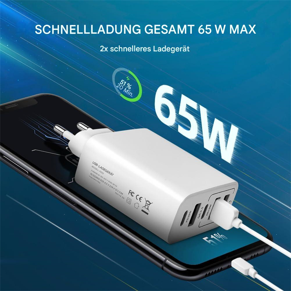 Weißes Ladegerät an einem Telefon angeschlossen, zeigt 65W und eine Ladefortschrittsanzeige.