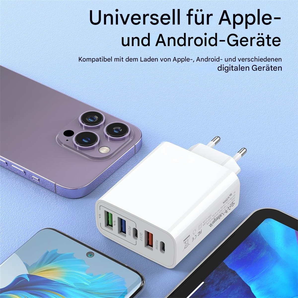 Weißes Ladegerät mit mehreren Anschlüssen, neben einem lila Telefon und anderen Geräten. Text auf Deutsch.