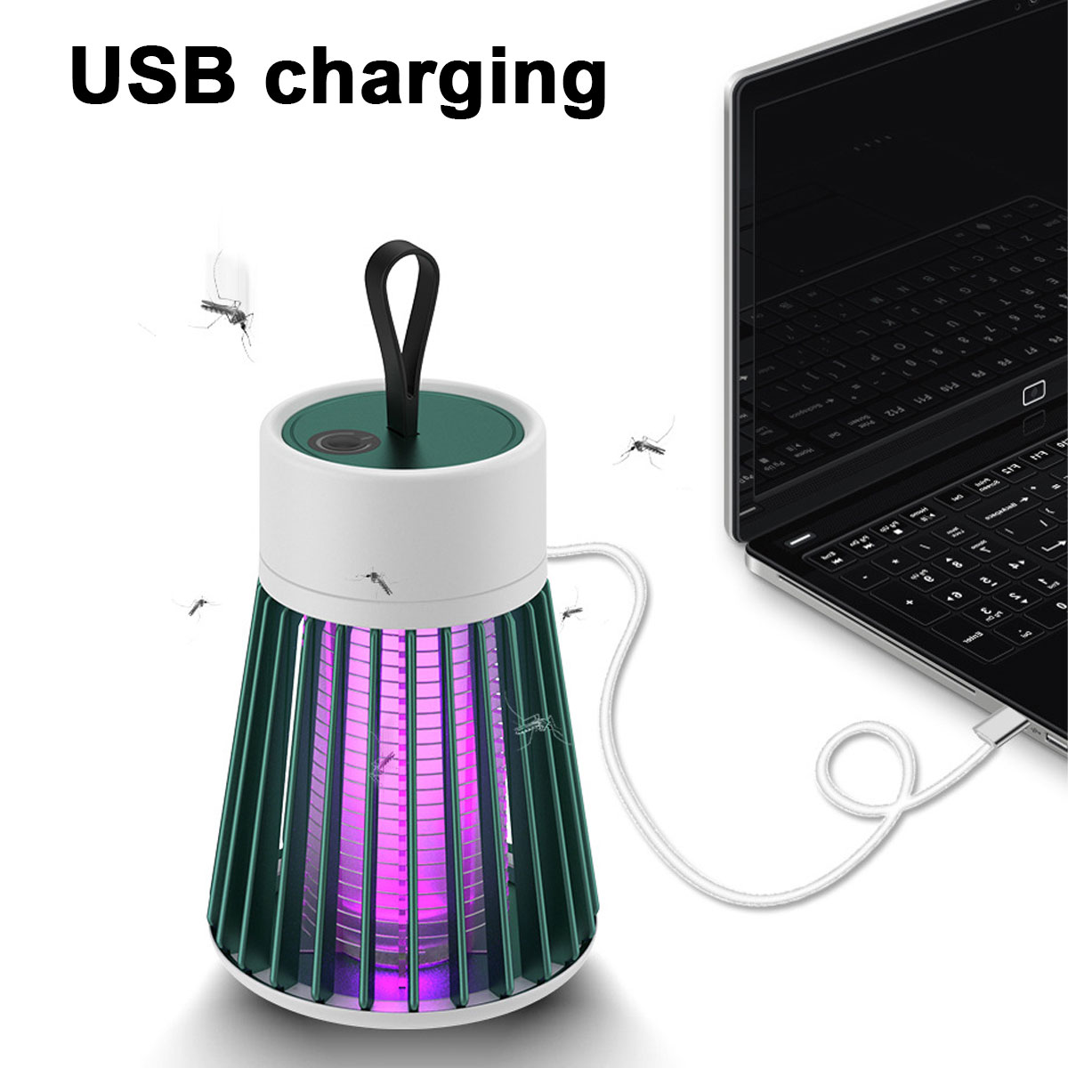 Grüne und weiße Mückenvernichtungslampe, die mit einem weißen Kabel an einem Laptop aufgeladen wird.