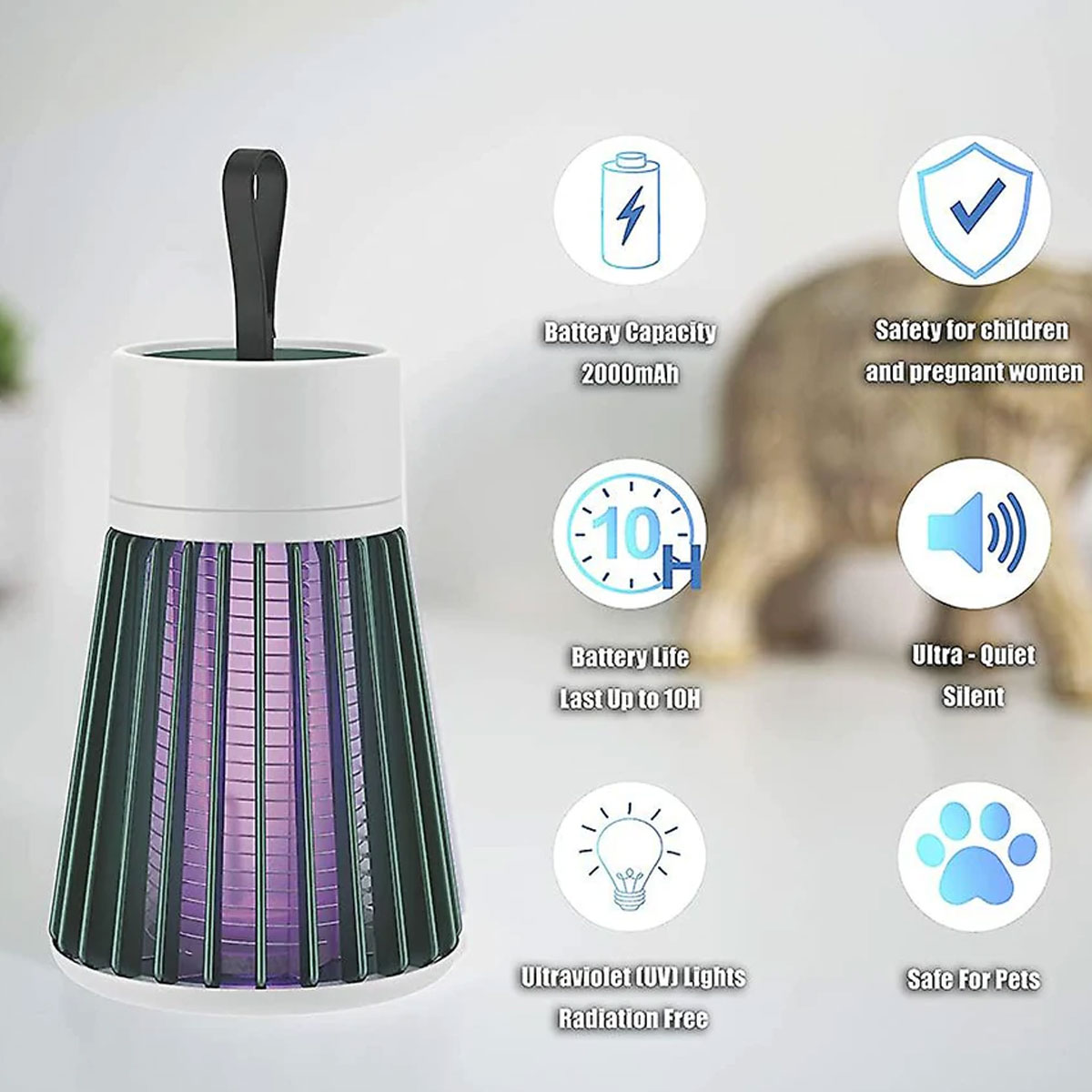 Eine weiße und grüne Moskitokillerlampe mit Text und Symbolen, darunter eine Katze und eine Batterie.
