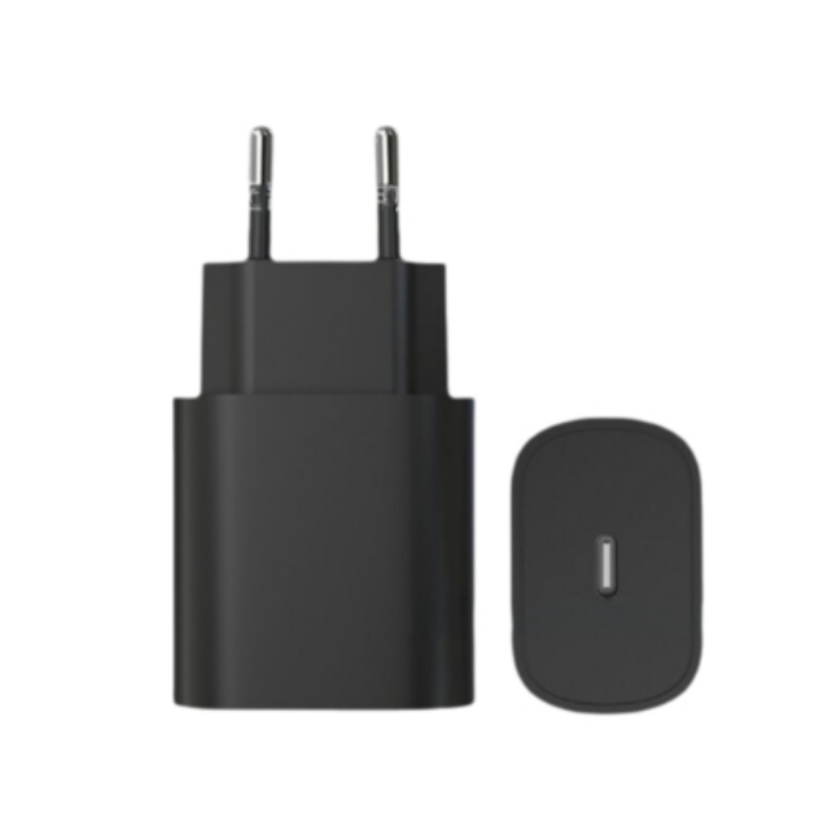 Schwarzes Telefonladegerät mit USB-C-Anschluss und separatem Adapter.