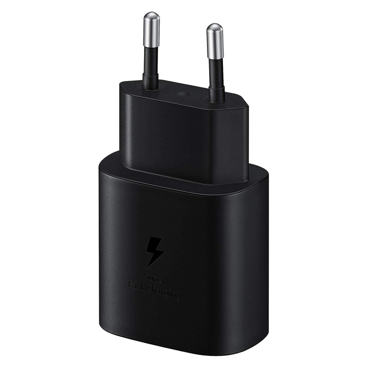 Schwarzes Ladegerät mit zwei Stiften. Auf der Vorderseite steht "Super Fast Charging".