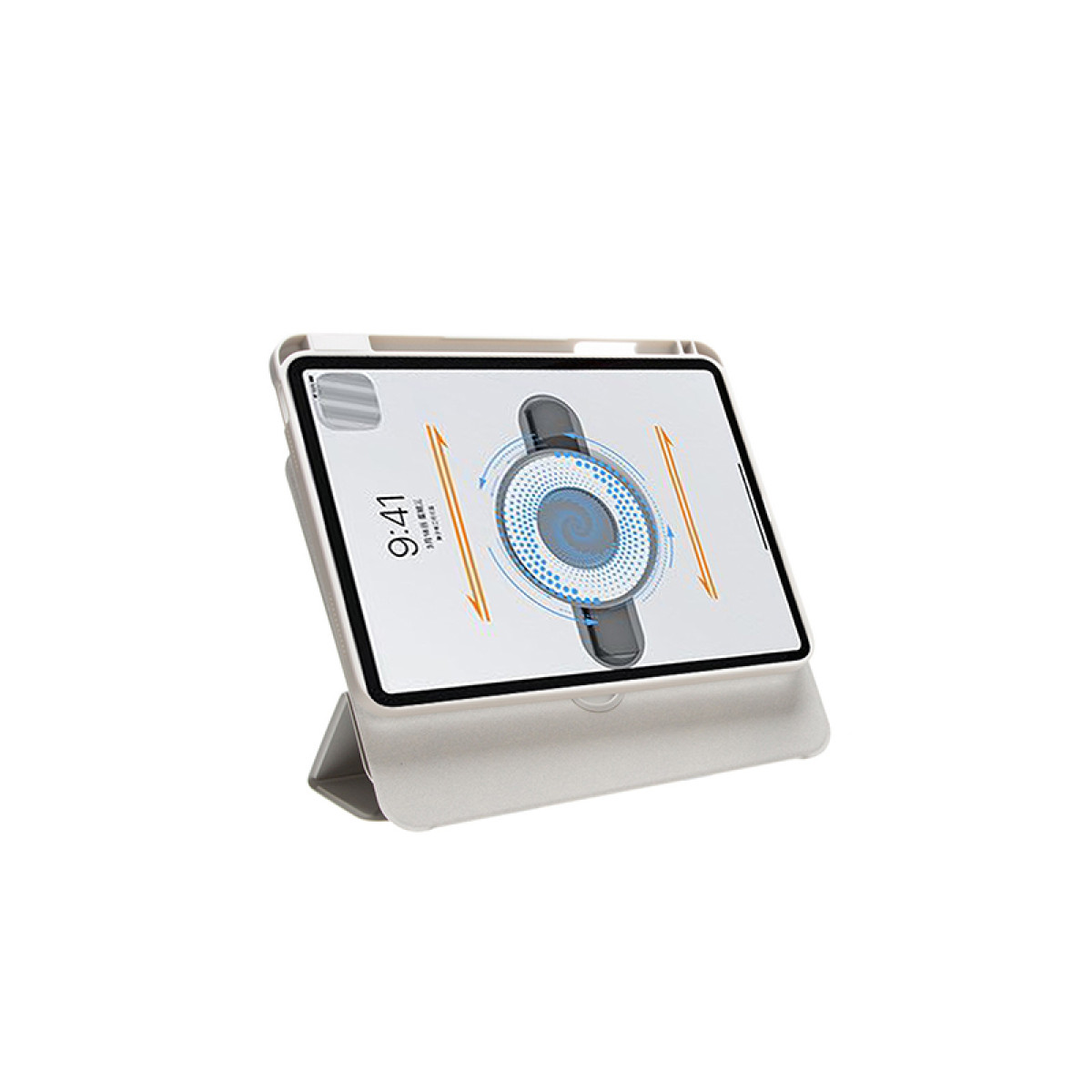 Un tablet in una custodia con un supporto. Lo schermo mostra un'illustrazione digitale.