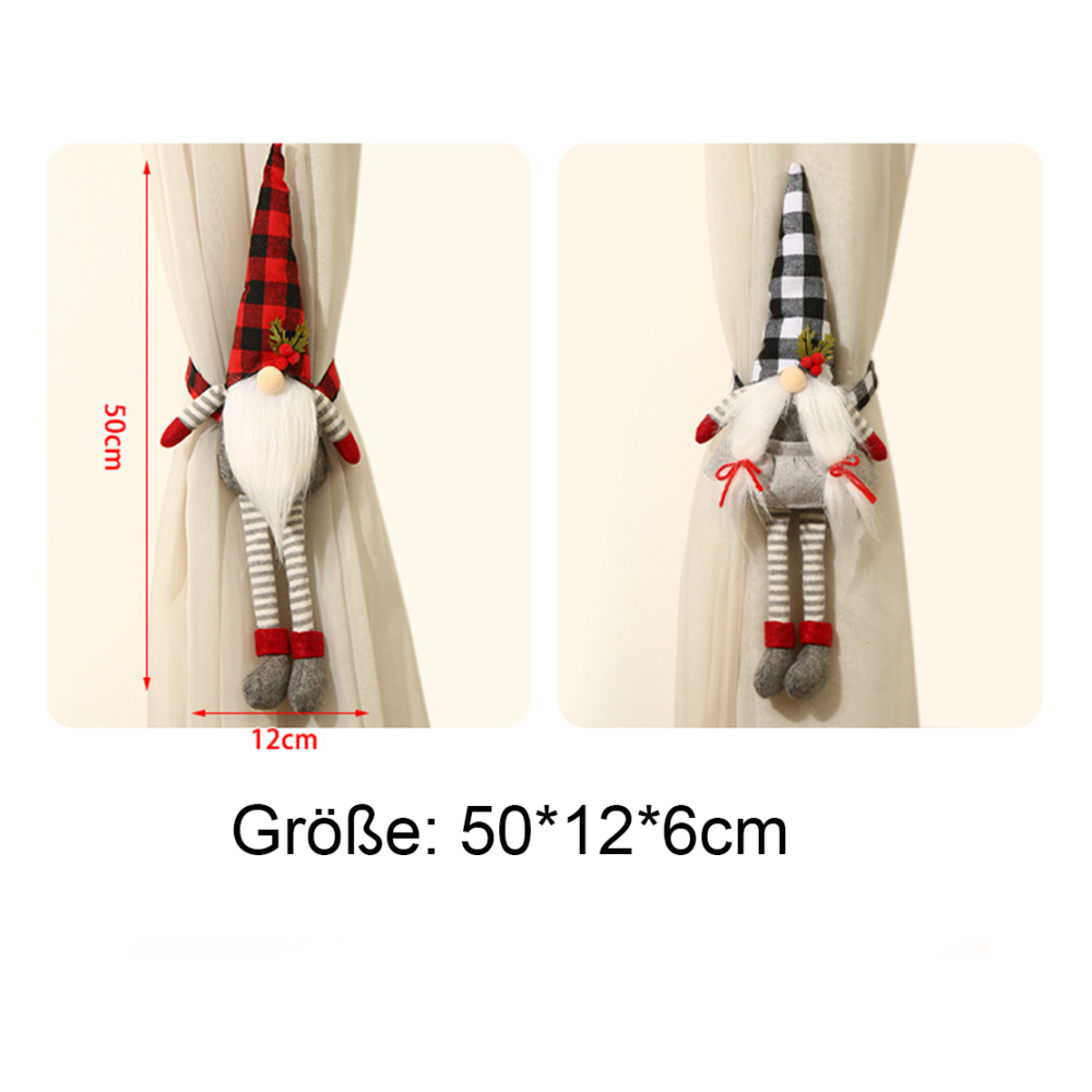 Zwei Weihnachts-Wichtel-Vorhanghalter. Einer links mit Rot, der andere rechts mit Schwarz.