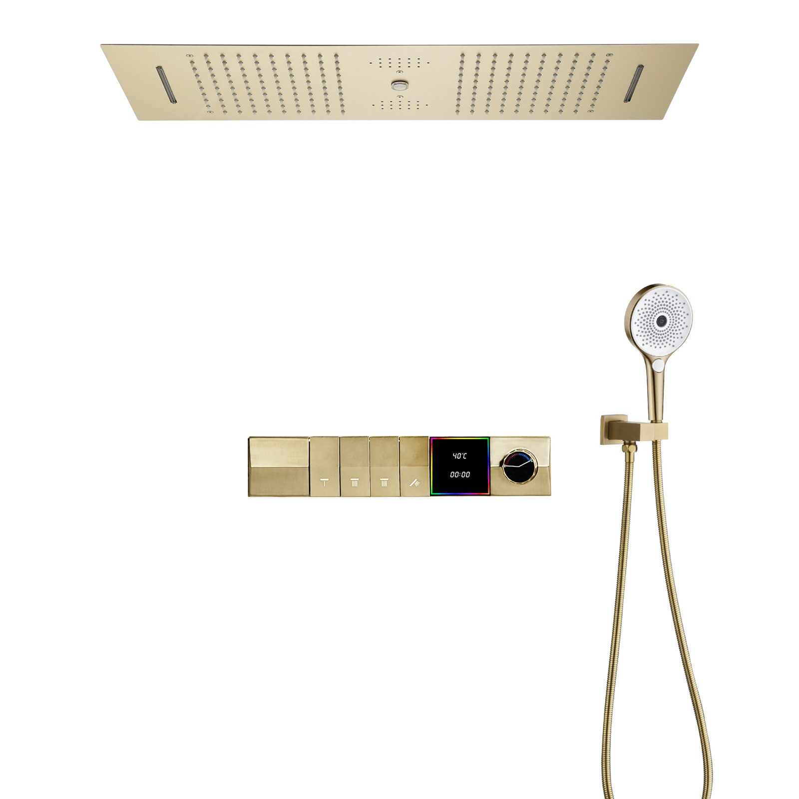 Ein goldfarbenes Duschsystem mit Duschkopf, Handbrause und Bedienfeld.