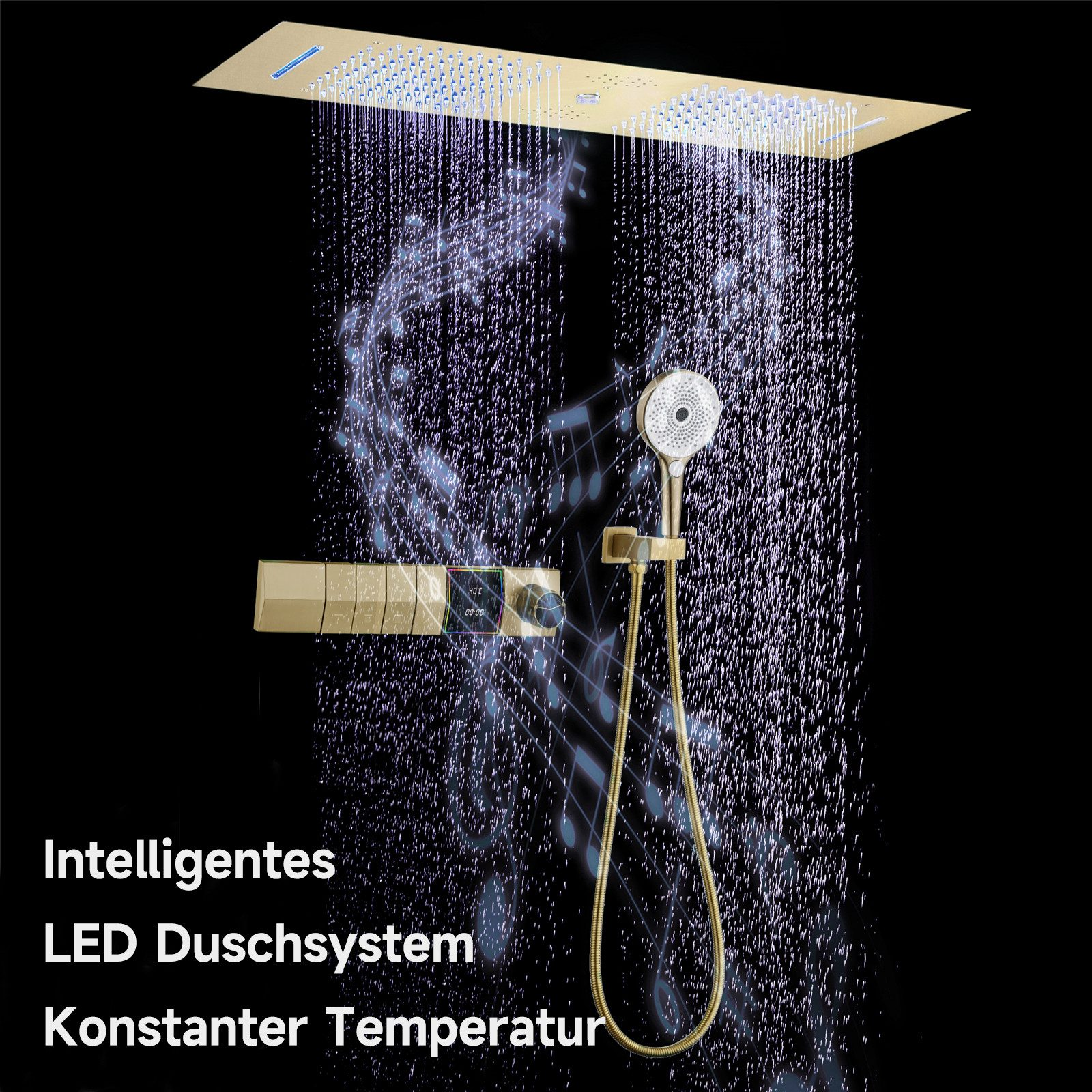 Ein goldener Duschkopf mit herabfließendem Wasser. Text lautet: Intelligentes LED-Duschsystem, Konstante Temperatur.