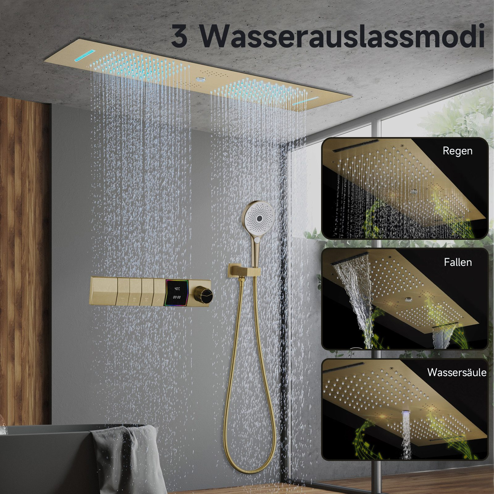 Ein goldenes Duschsystem mit drei Strahlmodi. Das System befindet sich vor einer grauen Wand und beinhaltet eine Handbrause.