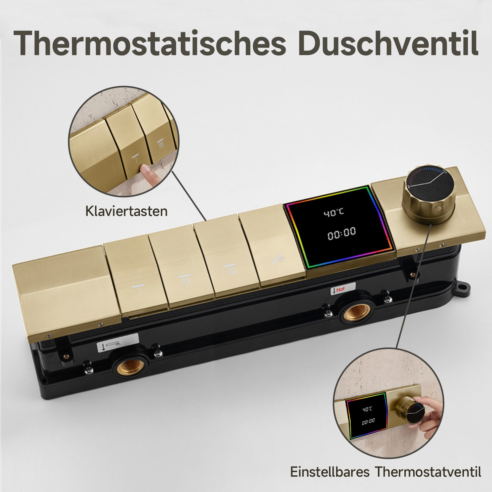 Ein goldfarbenes Duschbedienfeld mit verschiedenen Tasten und einer Digitalanzeige, die Temperatur und Uhrzeit anzeigt.
